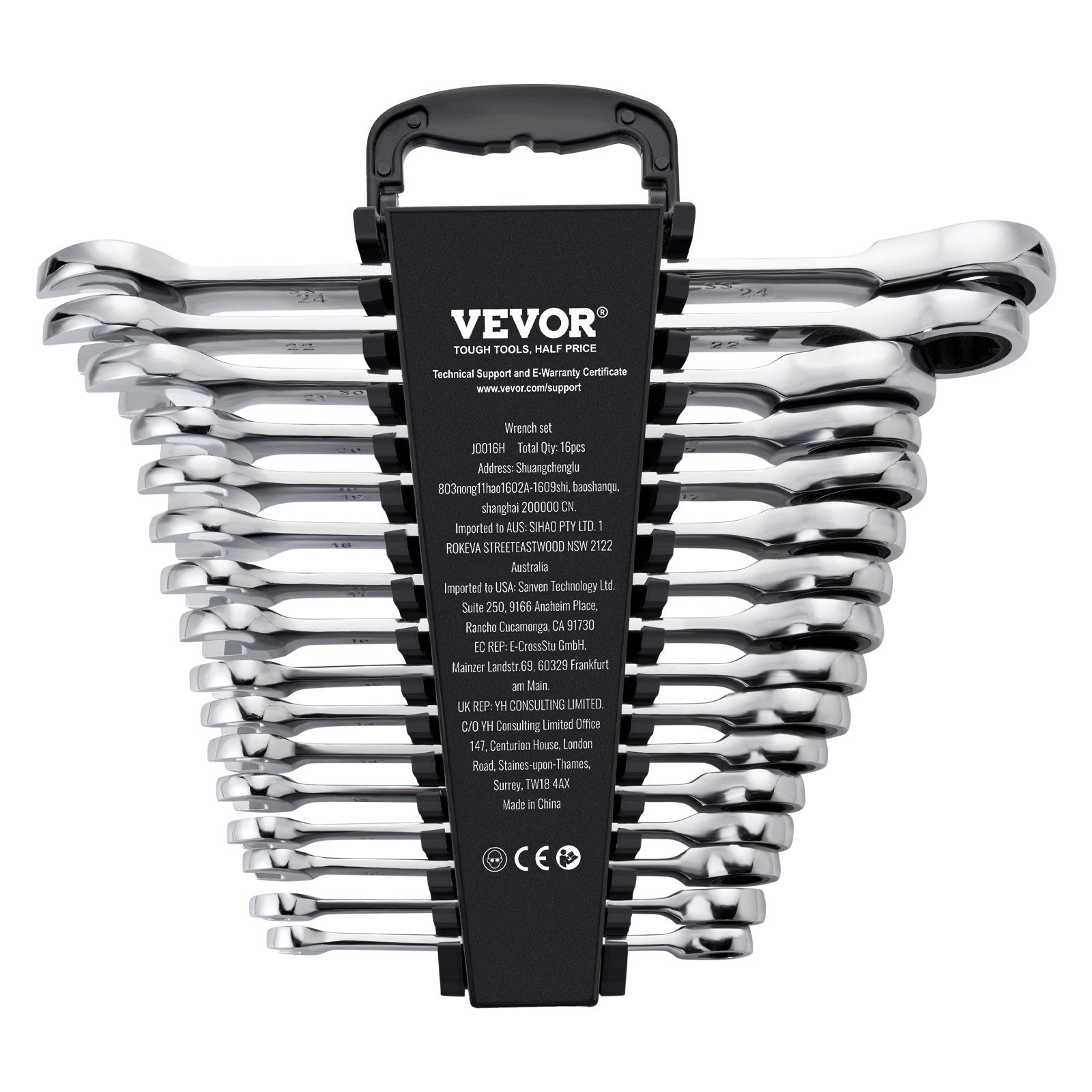 Combination Wrench Set 16-Piece Ratcheting Metric 8-24mm Organizer Rack Cr-V