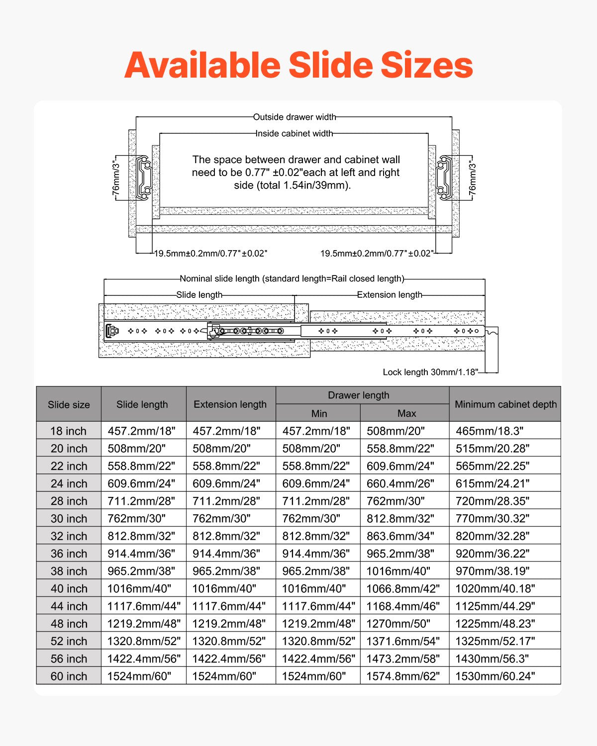 Drawer Slides Full Extension 18-60 Inch 500 LBS Ball Bearing Side Mount Locking