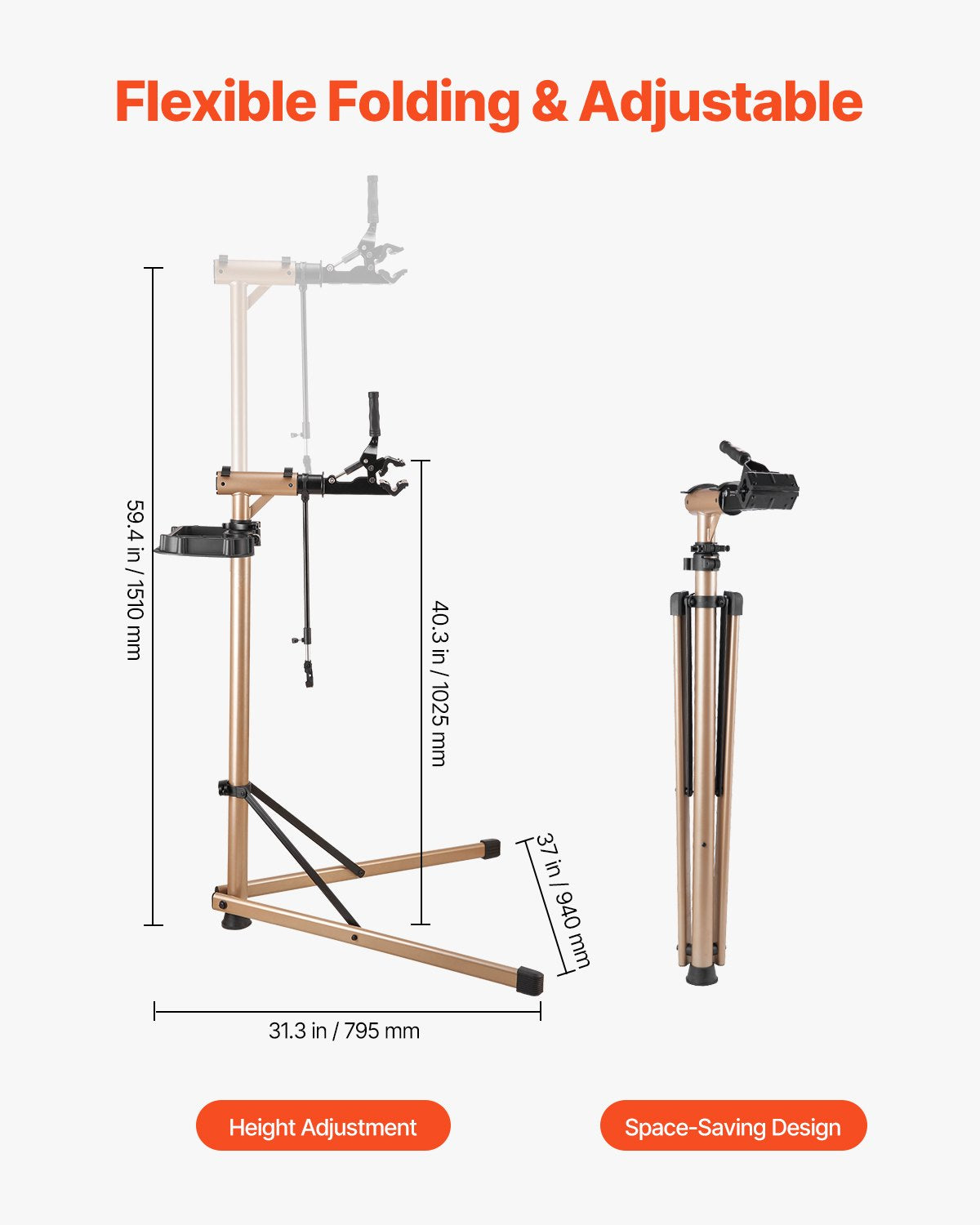 Bike Repair Stand 49.9kg 1025-1510mm Adjustable Foldable with Tool Tray