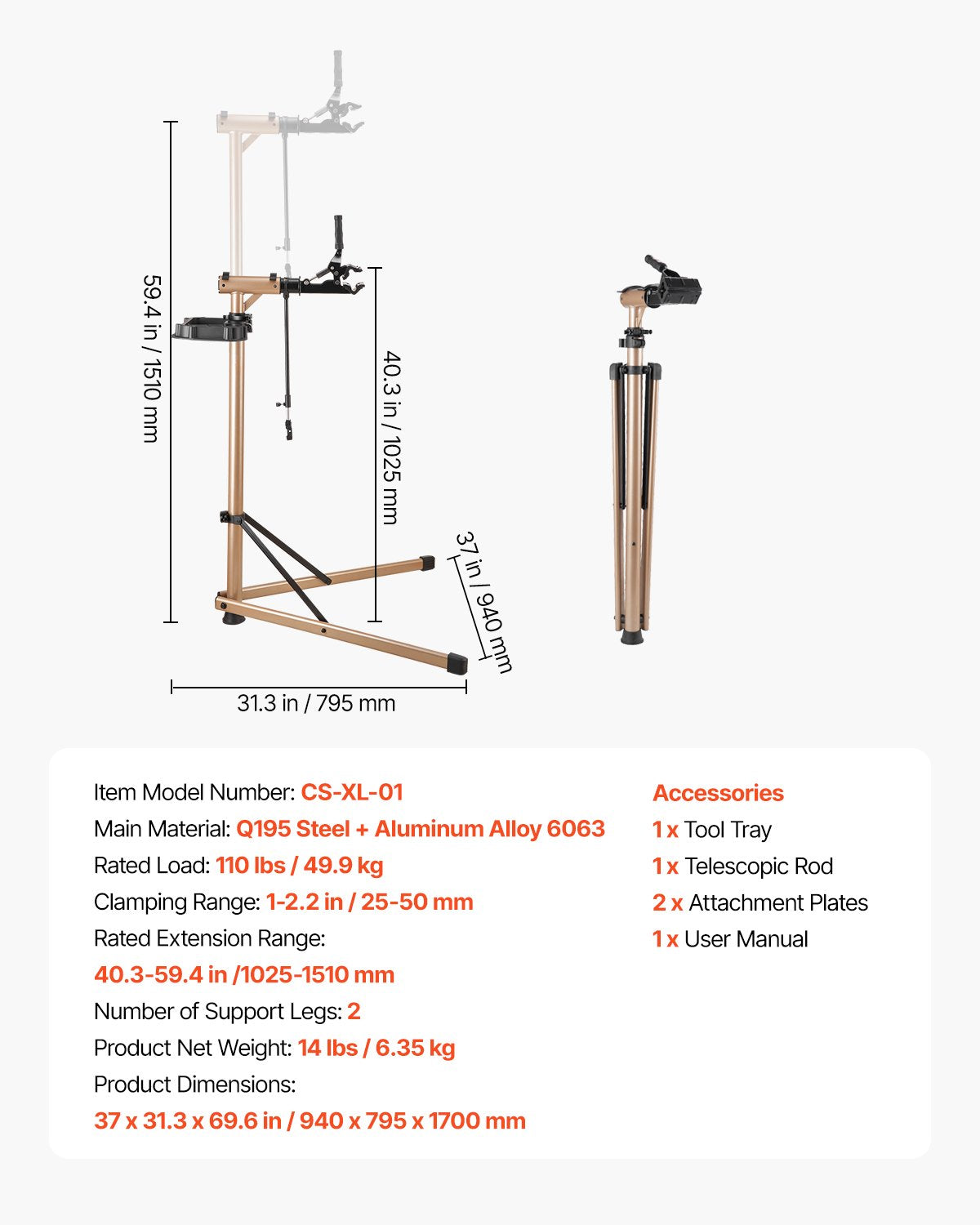 Bike Repair Stand 49.9kg 1025-1510mm Adjustable Foldable with Tool Tray