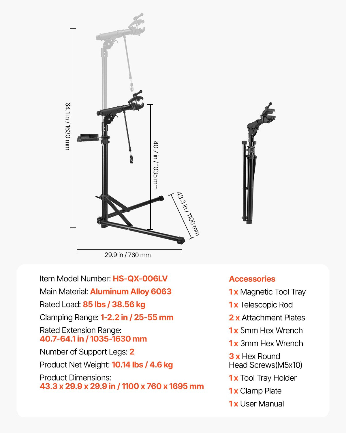 Bike Repair Stand 38.56kg 1035-1630mm Adjustable Foldable Magnetic Tool Tray