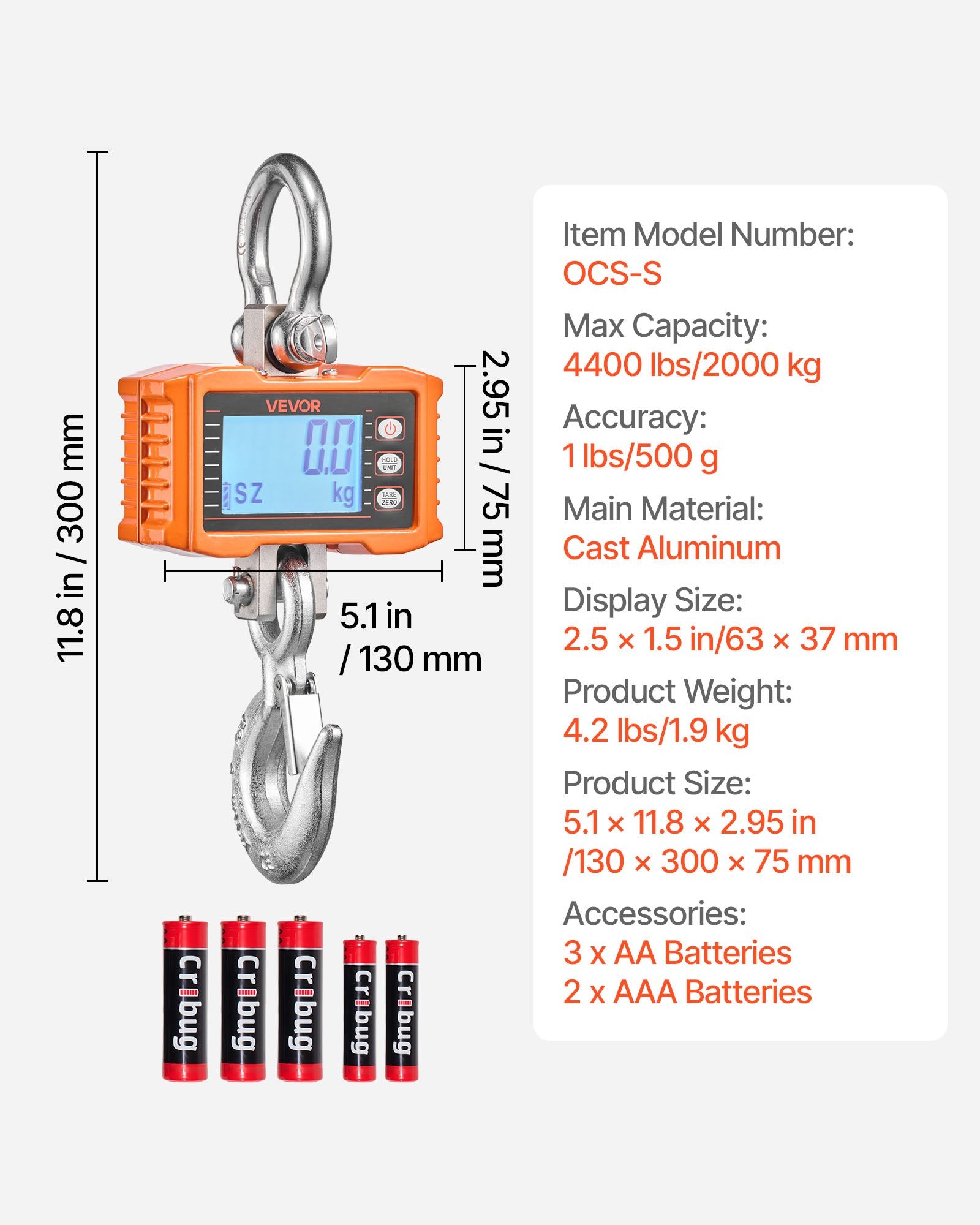 Industrial Digital Crane Scale 2000kg Capacity Hanging LCD Remote Control