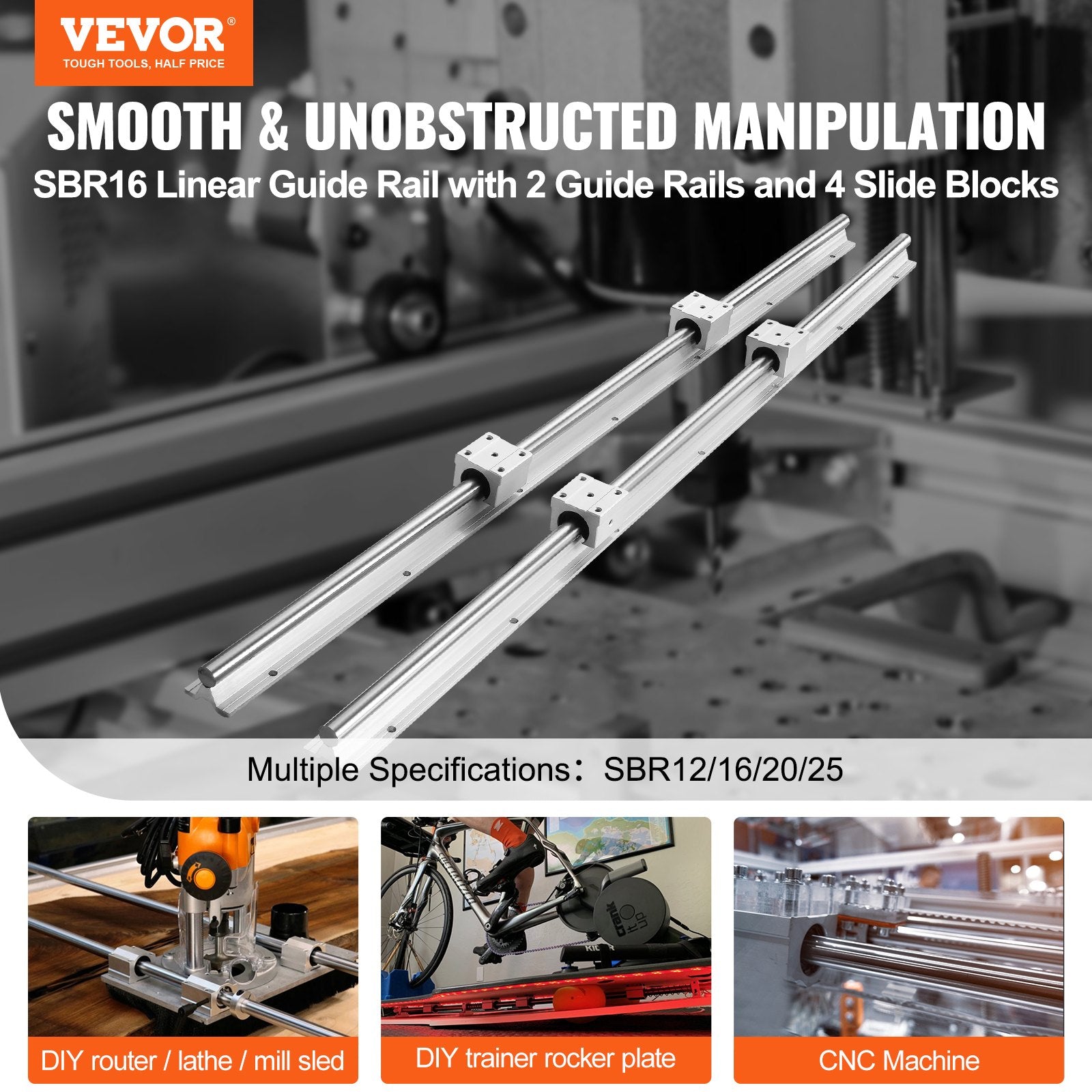 SBR16 1000mm Linear Guide Rail Set with 4 SBR16UU Slide Blocks for CNC Projects