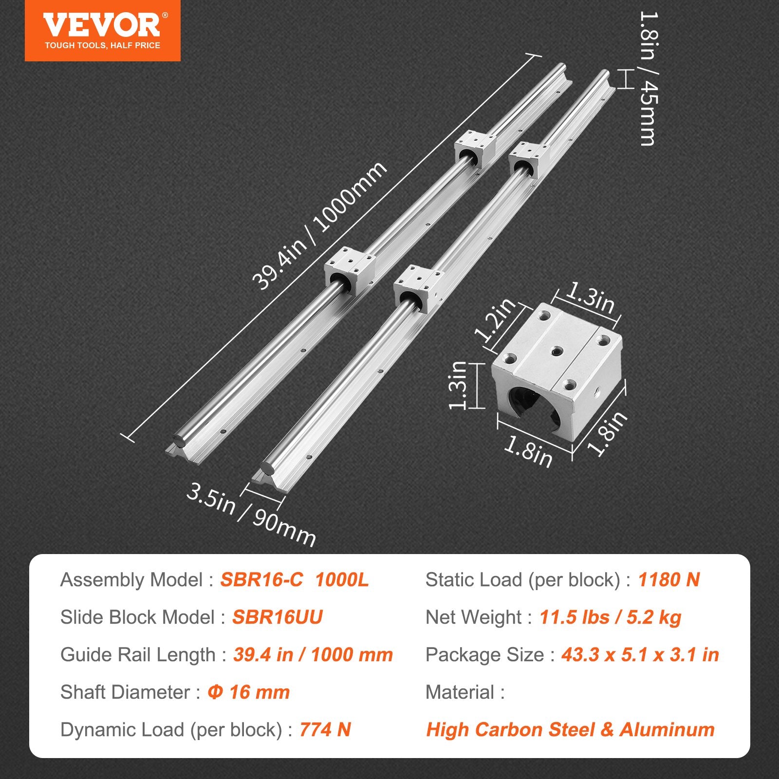 SBR16 1000mm Linear Guide Rail Set with 4 SBR16UU Slide Blocks for CNC Projects