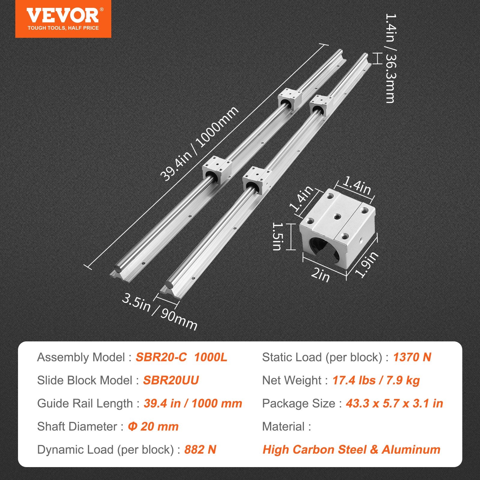 Linear Guide Rail Set SBR20 1000mm 2 Rails 4 SBR20UU Slide Blocks