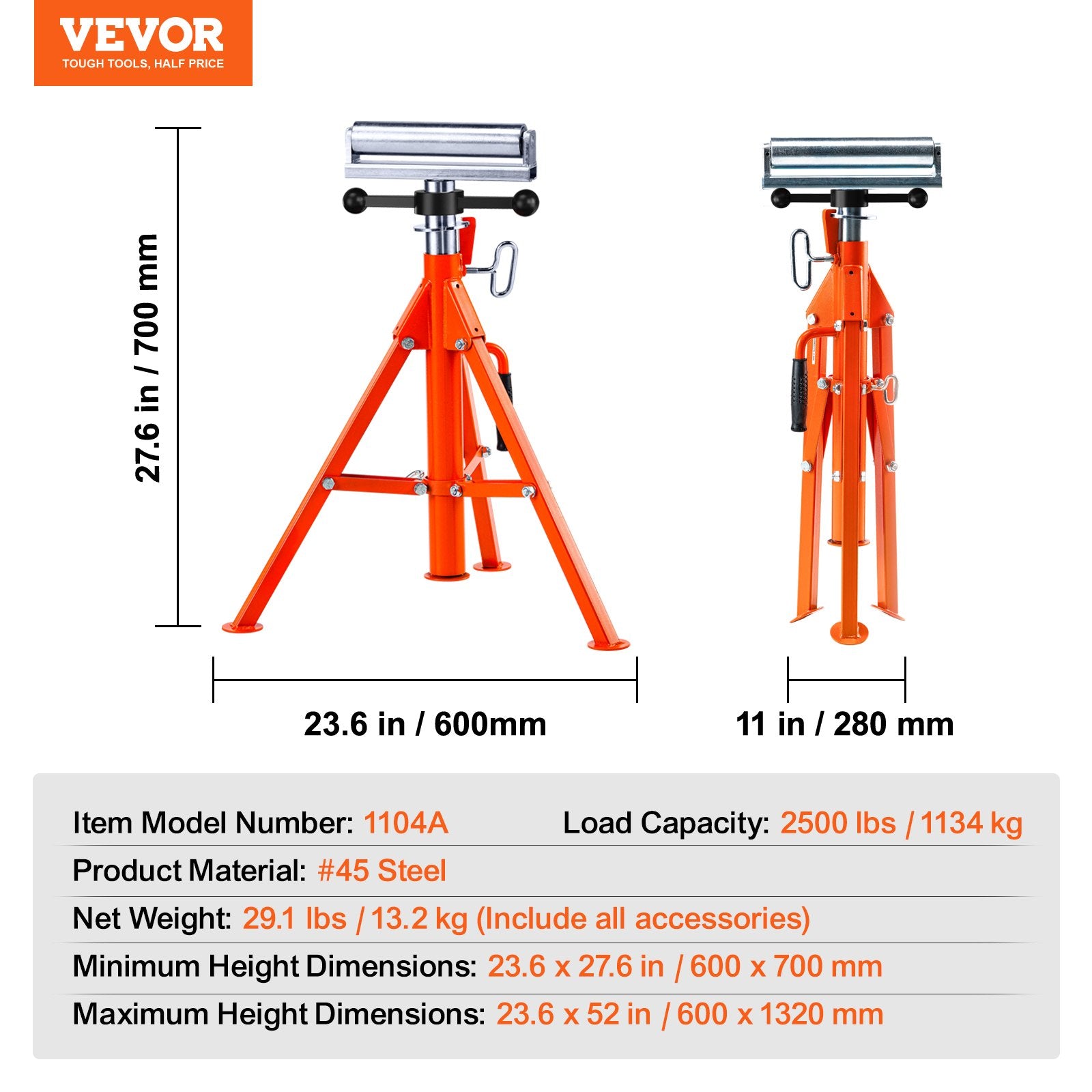 Roller Stand Heavy Duty 1136KG Load 27.6-52in Adjustable 45# Steel Support