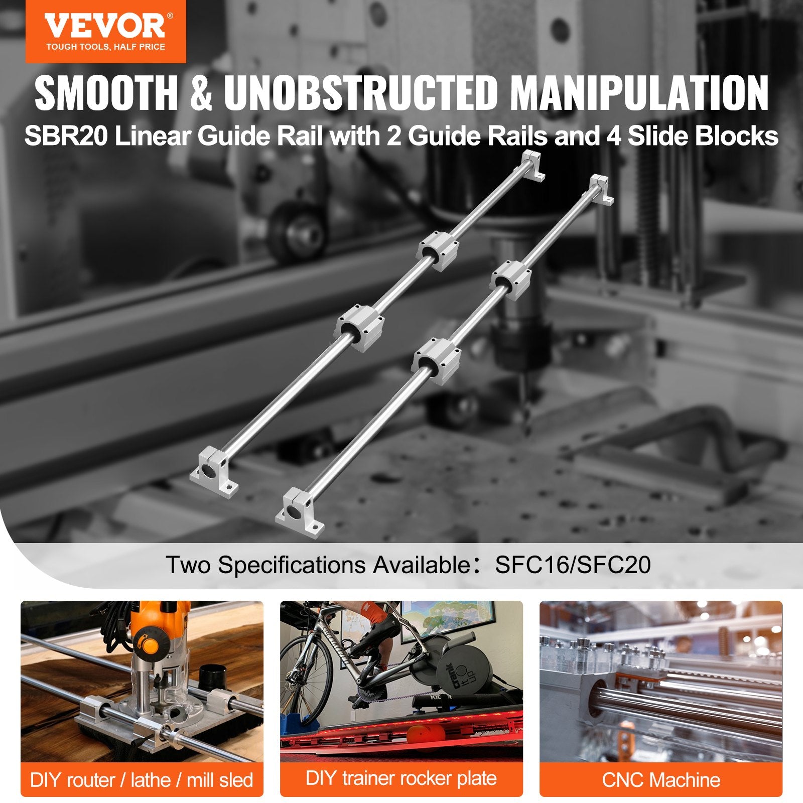 SFC20 Linear Guide Rail Set 1200mm with 4 SC20 Blocks and Rail Supports