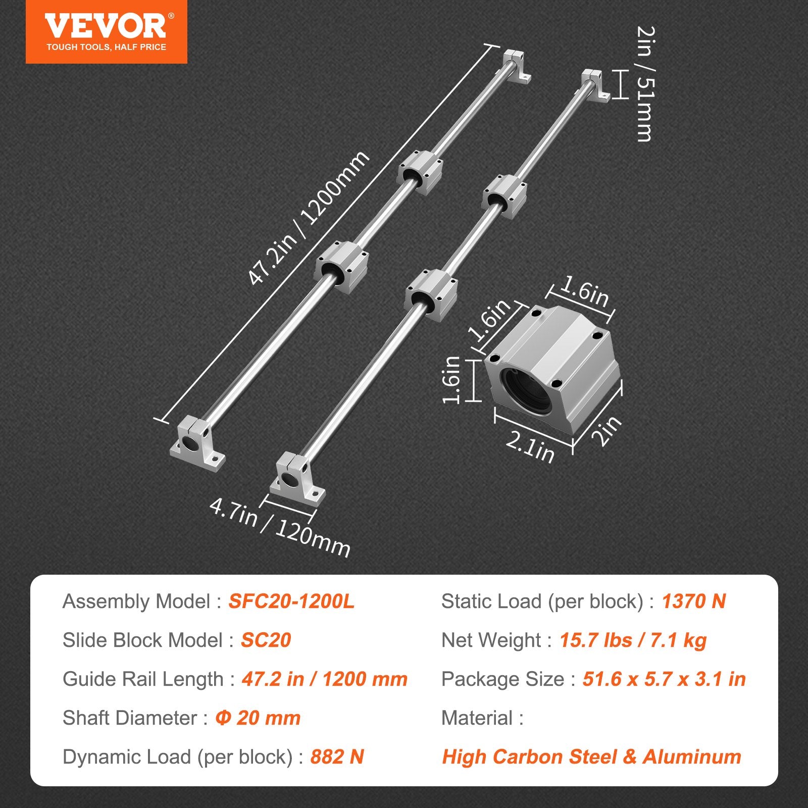 SFC20 Linear Guide Rail Set 1200mm with 4 SC20 Blocks and Rail Supports