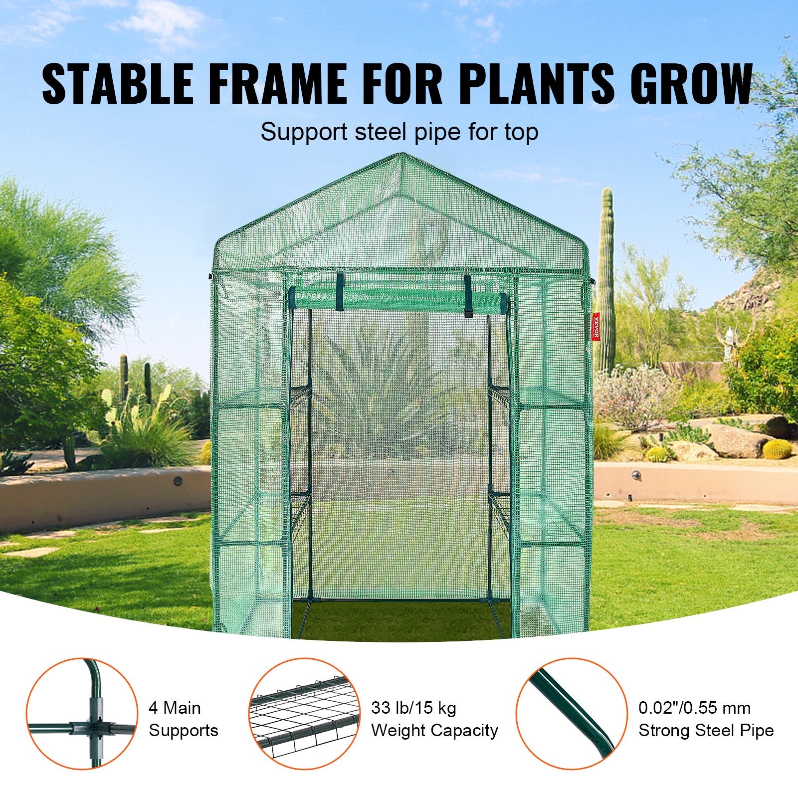 Walk-in Green House 4.6x2.4x6.7ft with Shelves PE Cover Doors Windows Frame