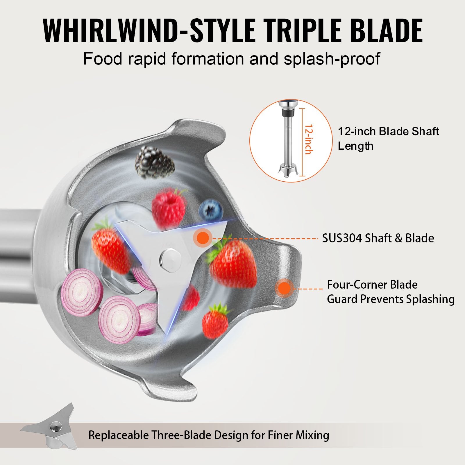 Commercial Immersion Blender 350W 12" Hand Mixer Variable Speed Stainless Blade