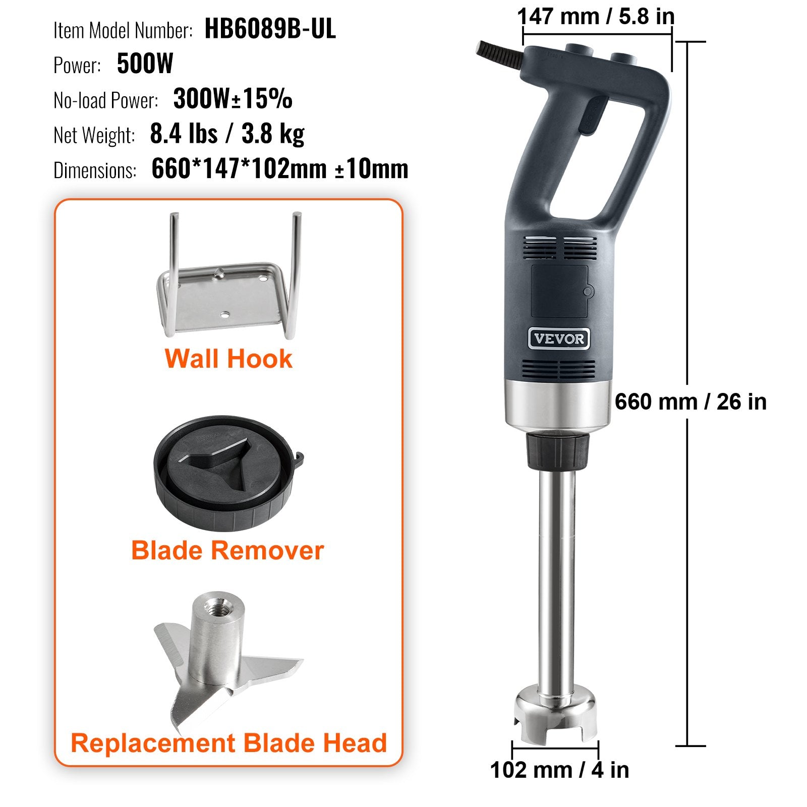 Commercial Immersion Blender 500W Variable Speed Hand Mixer 304 Stainless Blade