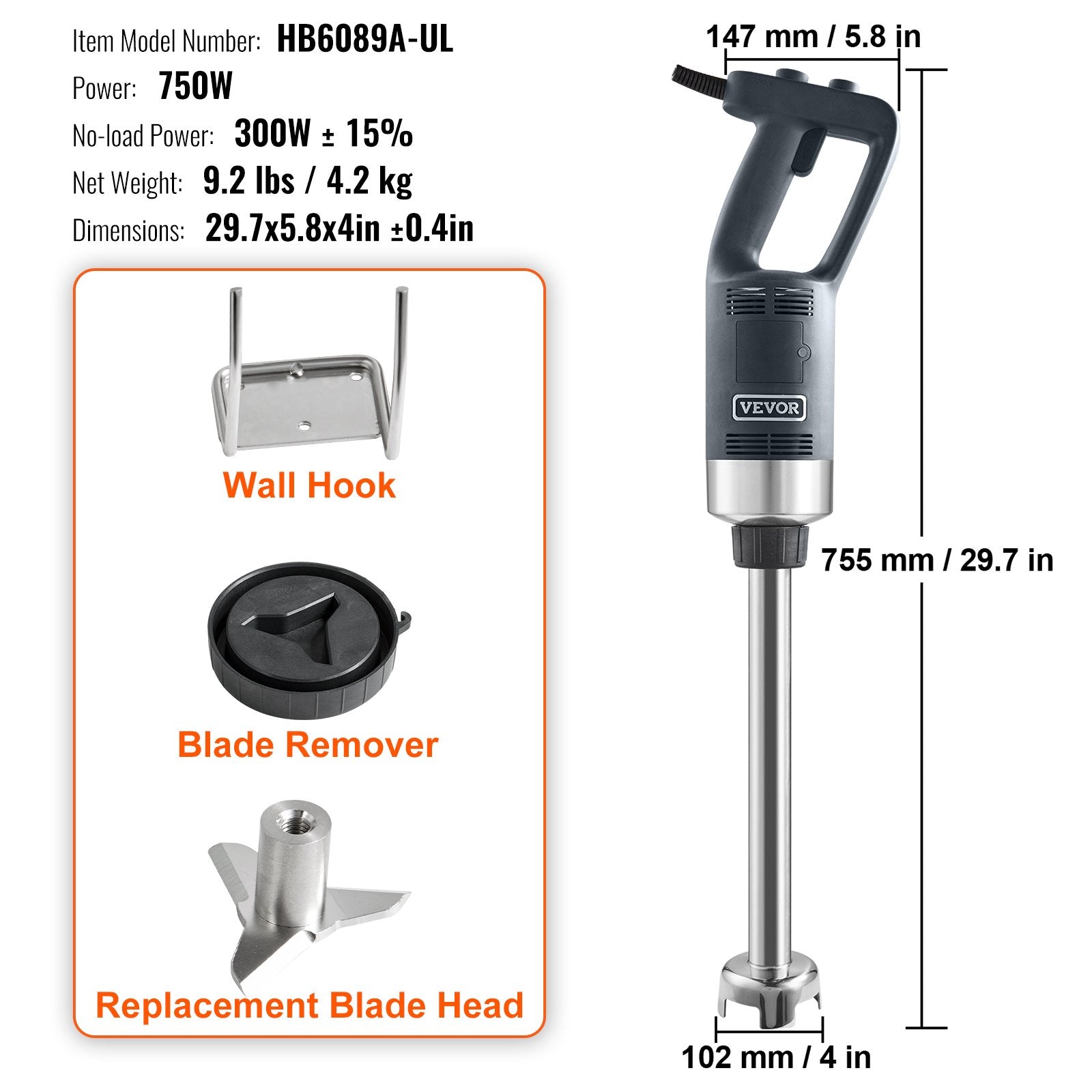 Commercial Immersion Blender 750W 16" Variable Speed Hand Mixer 304 Stainless