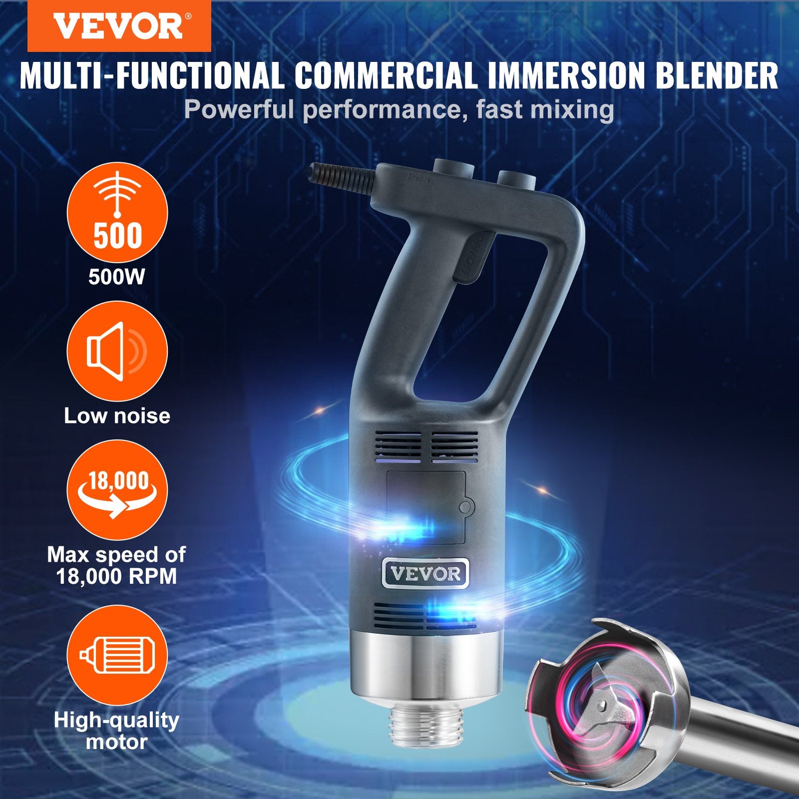 Professional Stick Blender 500W Adjustable Speed Hand Mixer with Stainless Blade