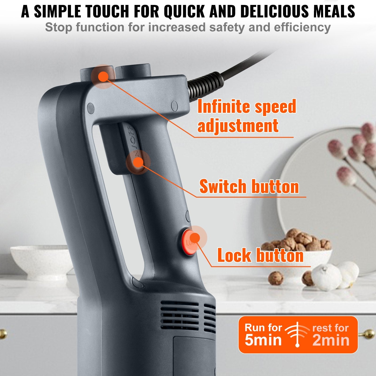 Professional Stick Blender 500W Adjustable Speed Hand Mixer with Stainless Blade