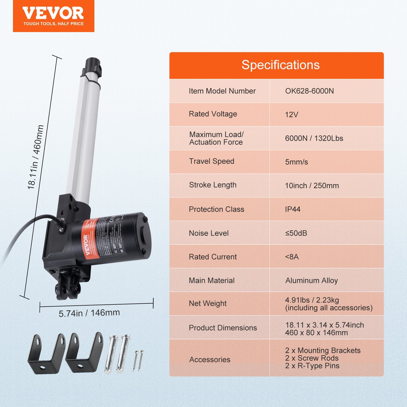 Linear Actuator 12V 10" 1320lbs/6000N 0.19"/s with Mounting Bracket IP44