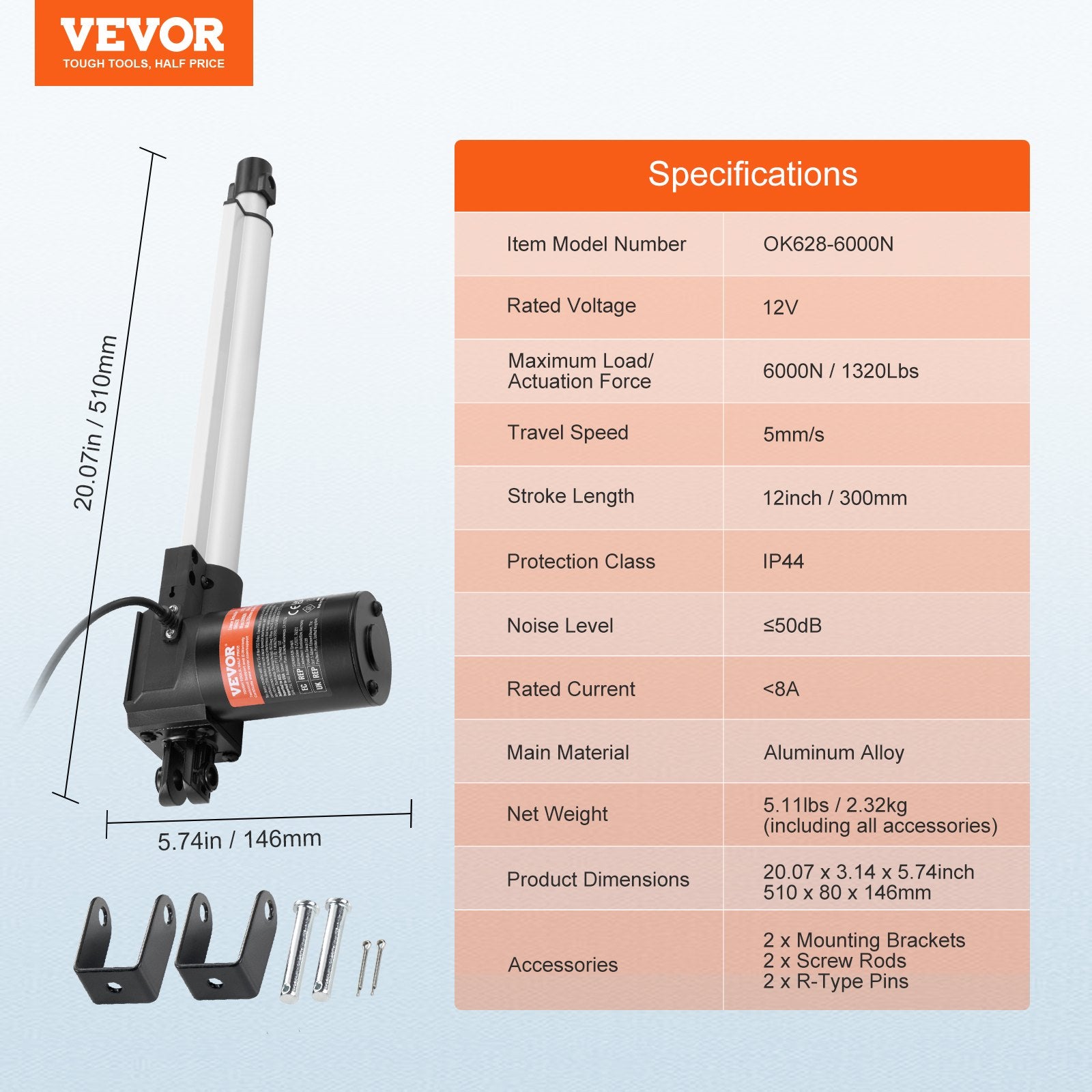 Linear Actuator 12V 12" 1320lbs/6000N 0.19"/s with Mounting Bracket IP44