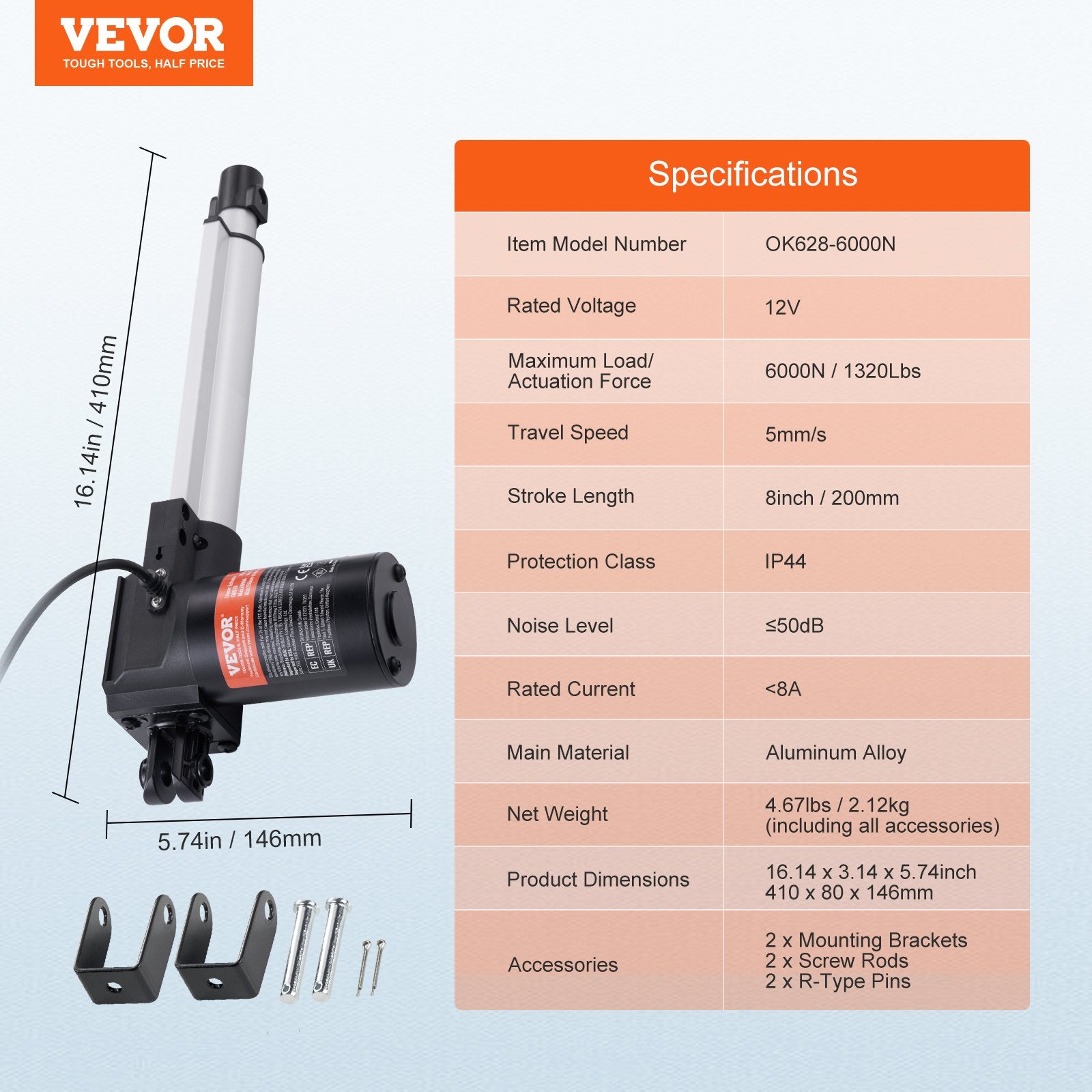 12V Linear Actuator 8 Inch Heavy Duty 6000N with Bracket IP44