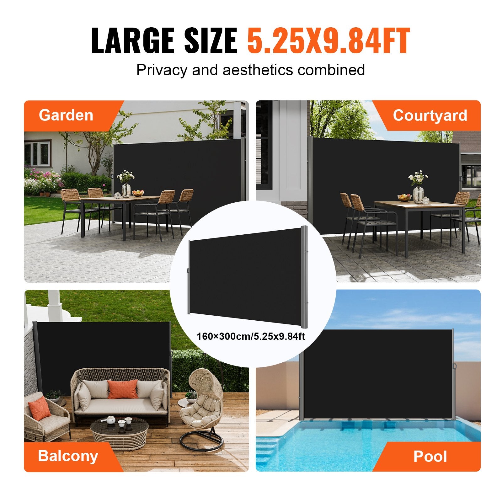 Retractable Side Awning 160x300cm Aluminum Outdoor Privacy Screen Black