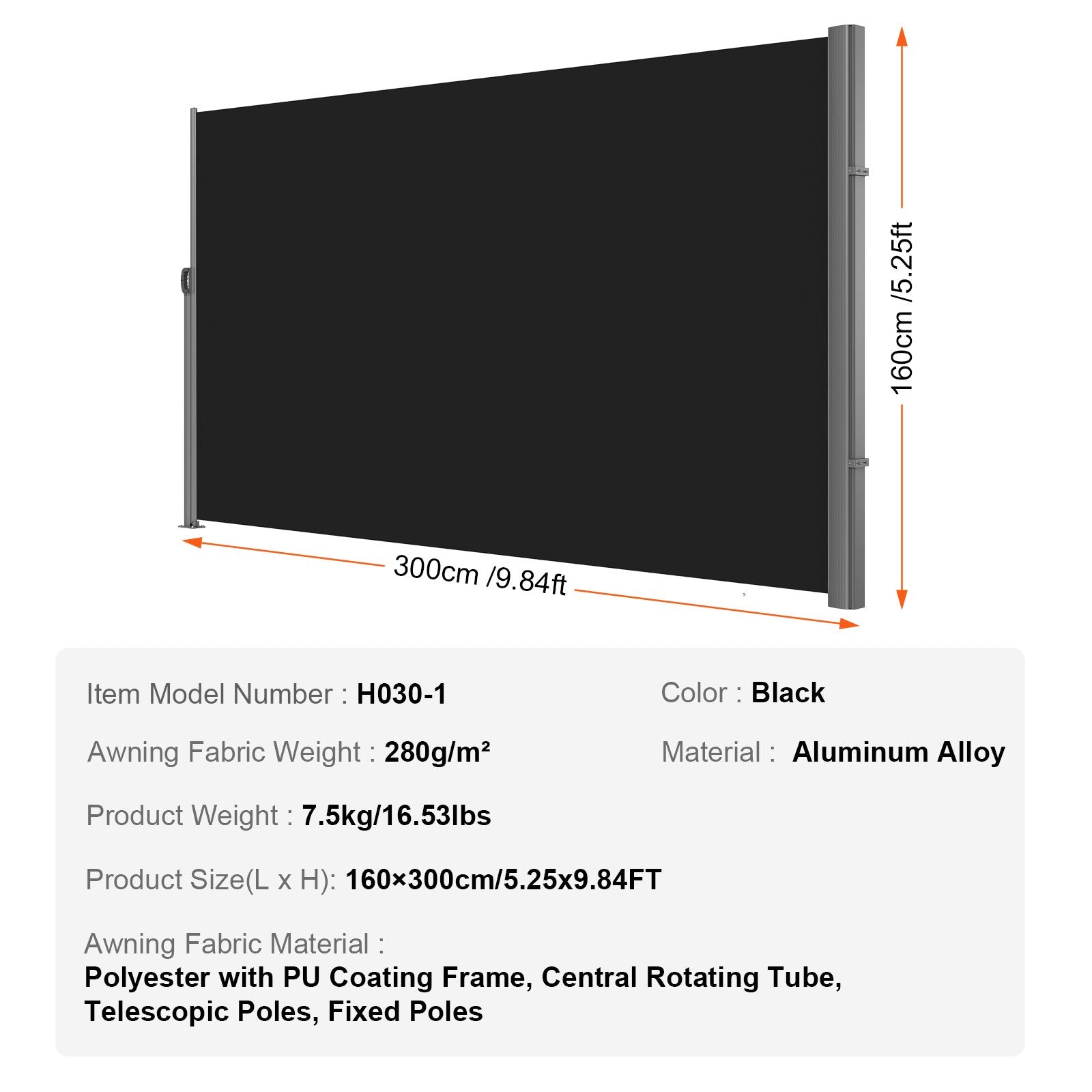 Retractable Side Awning 160x300cm Aluminum Outdoor Privacy Screen Black