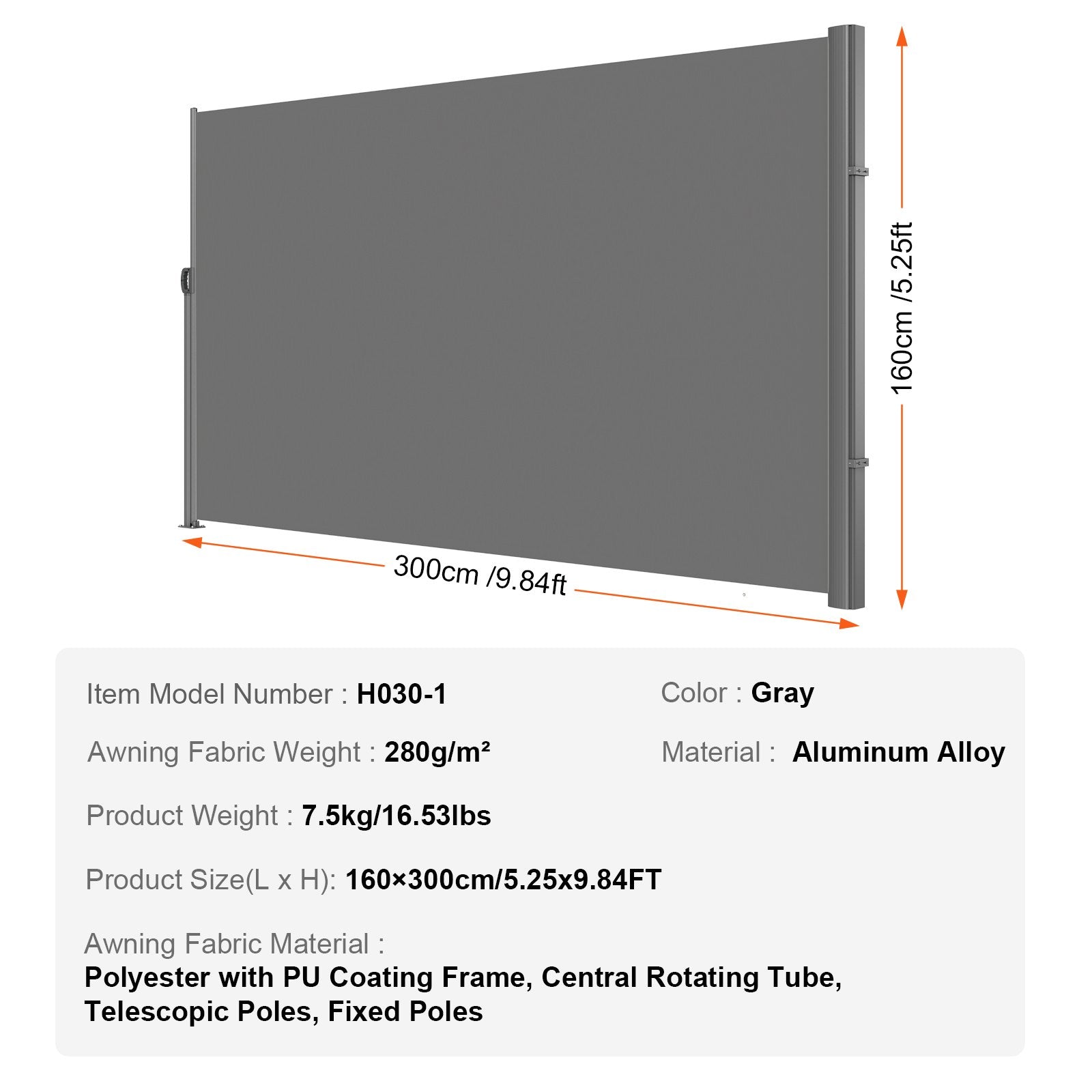 Retractable Side Awning 160x300cm Aluminum Outdoor Privacy Screen Gray