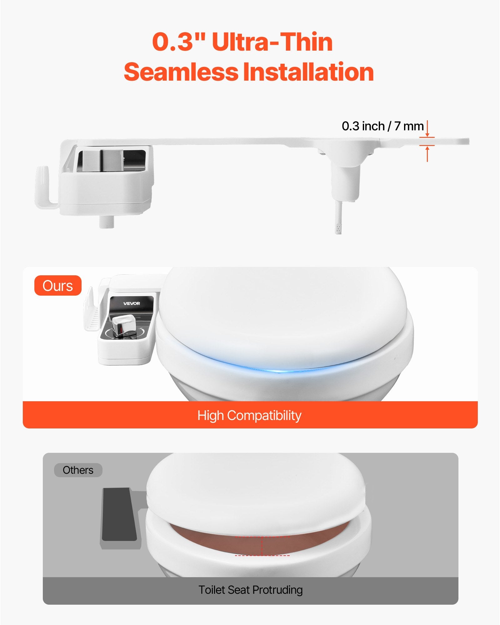 Ultra Thin Bidet Toilet Attachment, Dual Nozzles, Adjustable Pressure, Cold