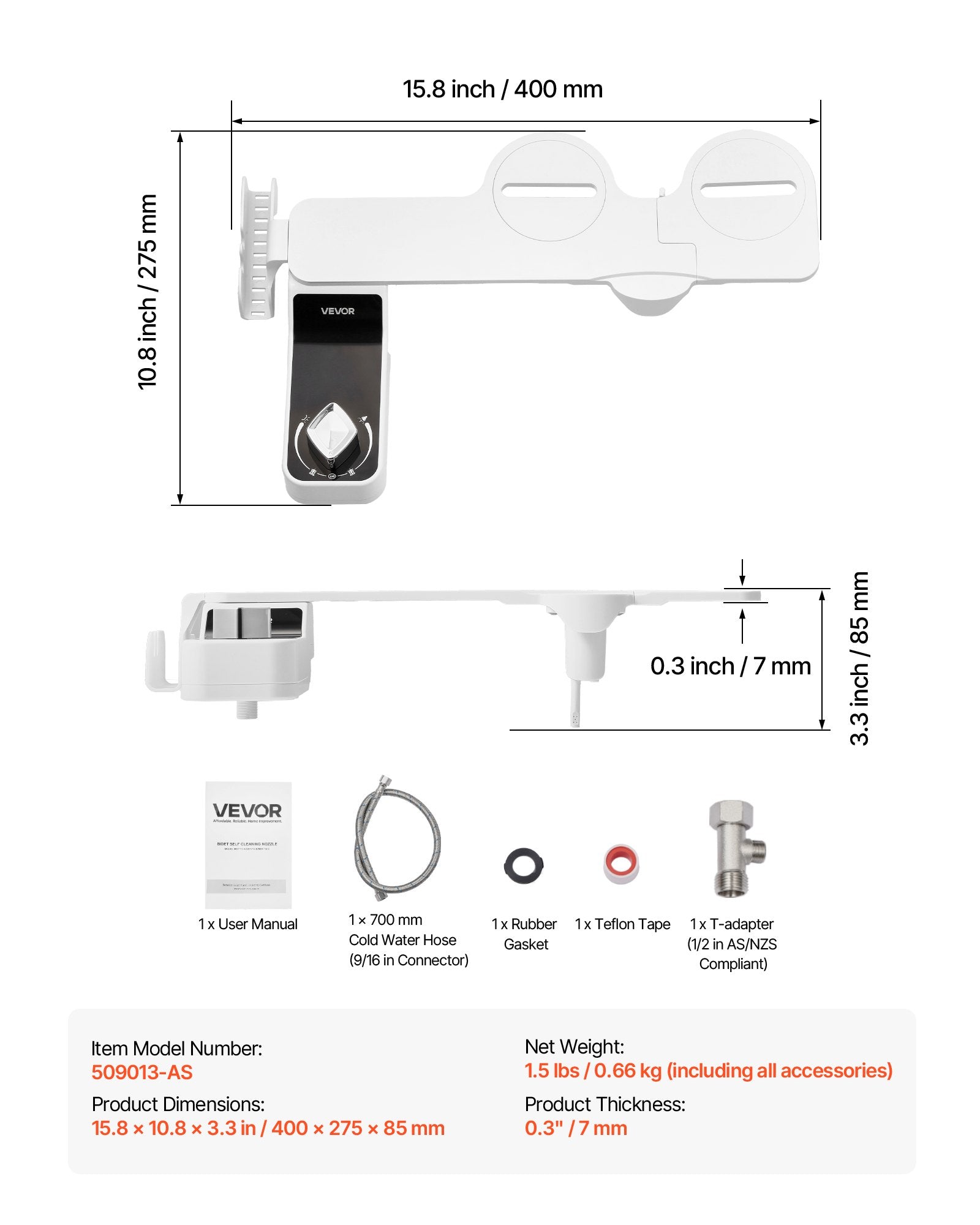 Ultra Thin Bidet Toilet Attachment, Dual Nozzles, Adjustable Pressure, Cold