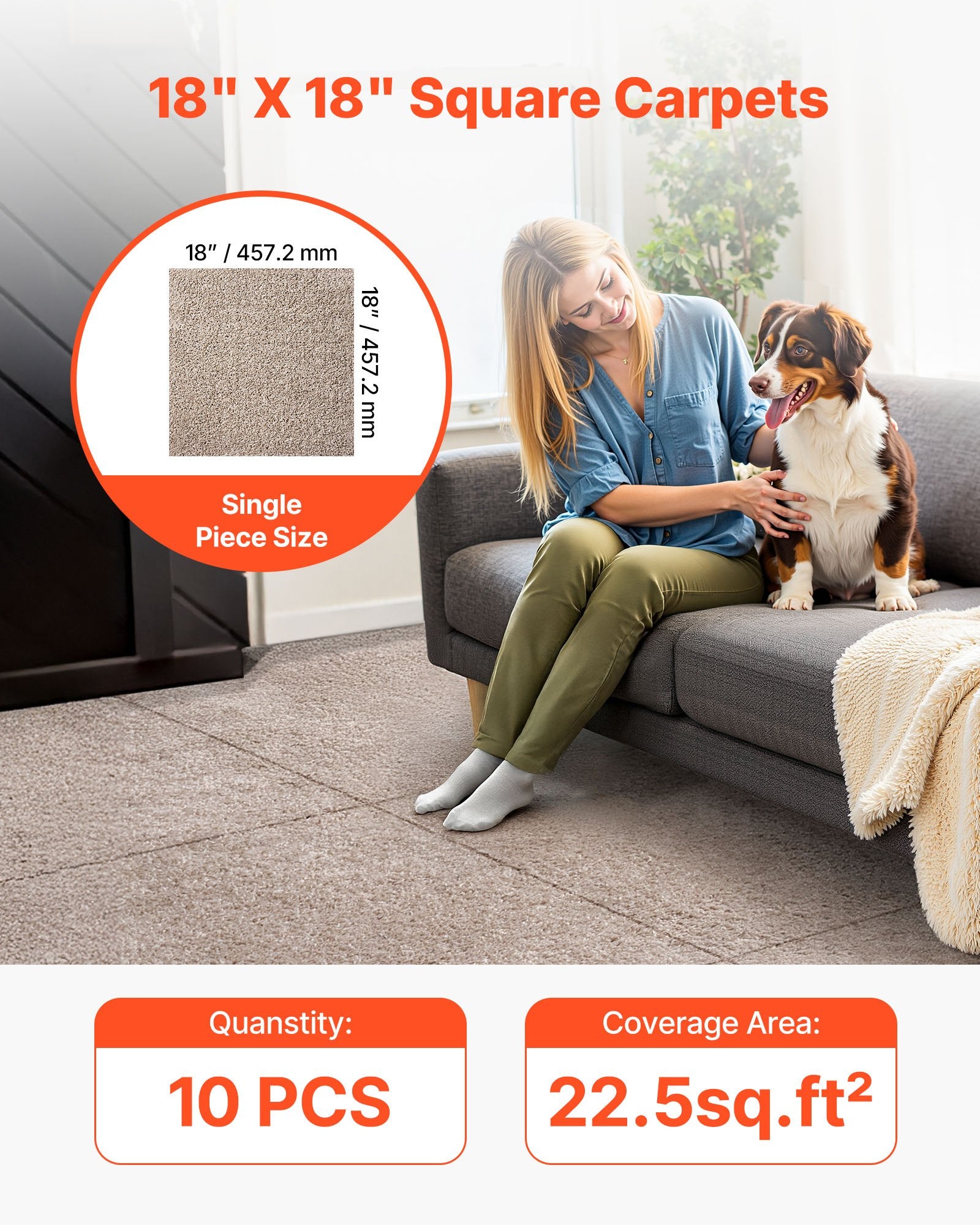 Carpet Tiles 457x457mm, 10 Pack Self-Adhesive Soft Plush Squares, Light Brown