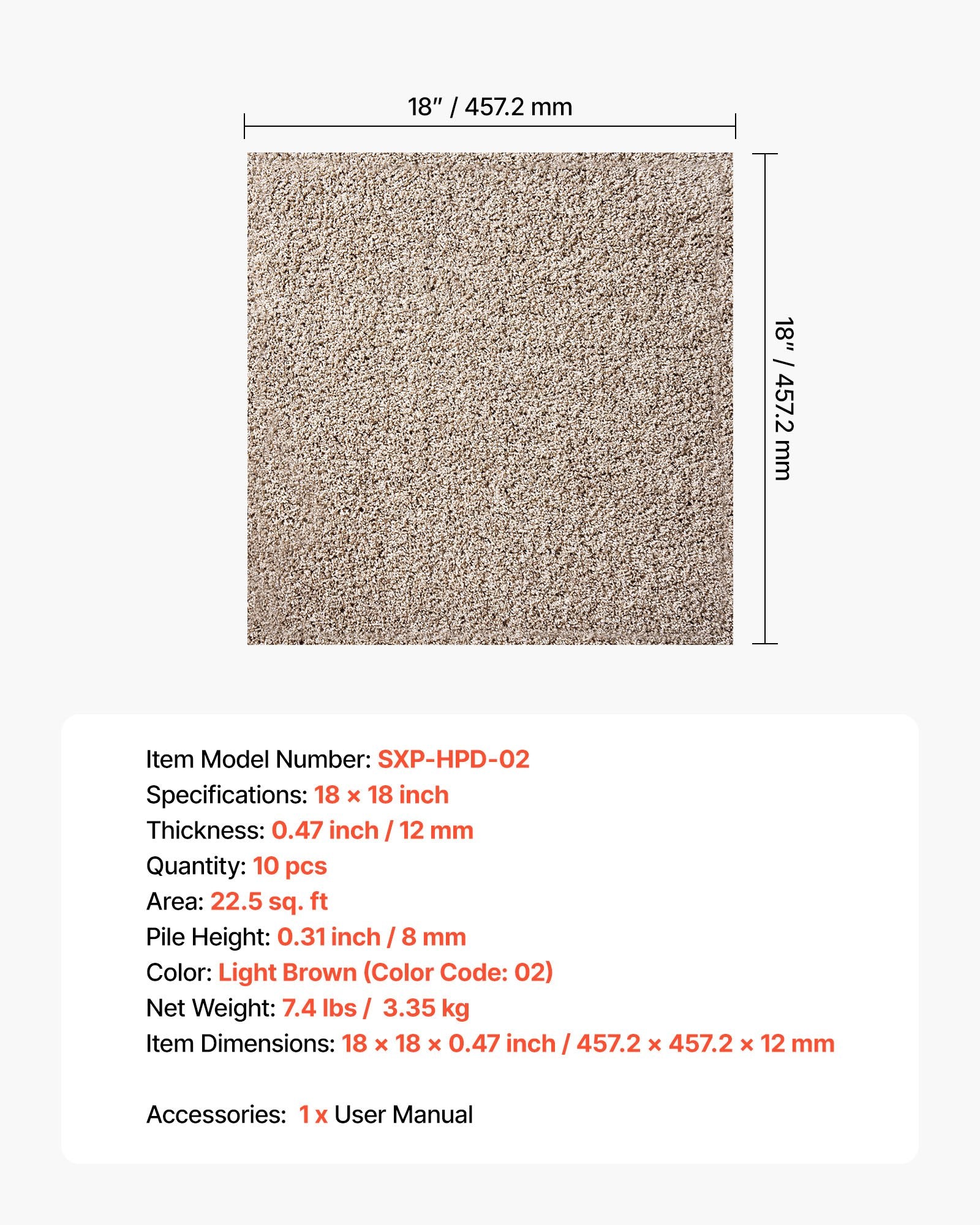 Carpet Tiles 457x457mm, 10 Pack Self-Adhesive Soft Plush Squares, Light Brown