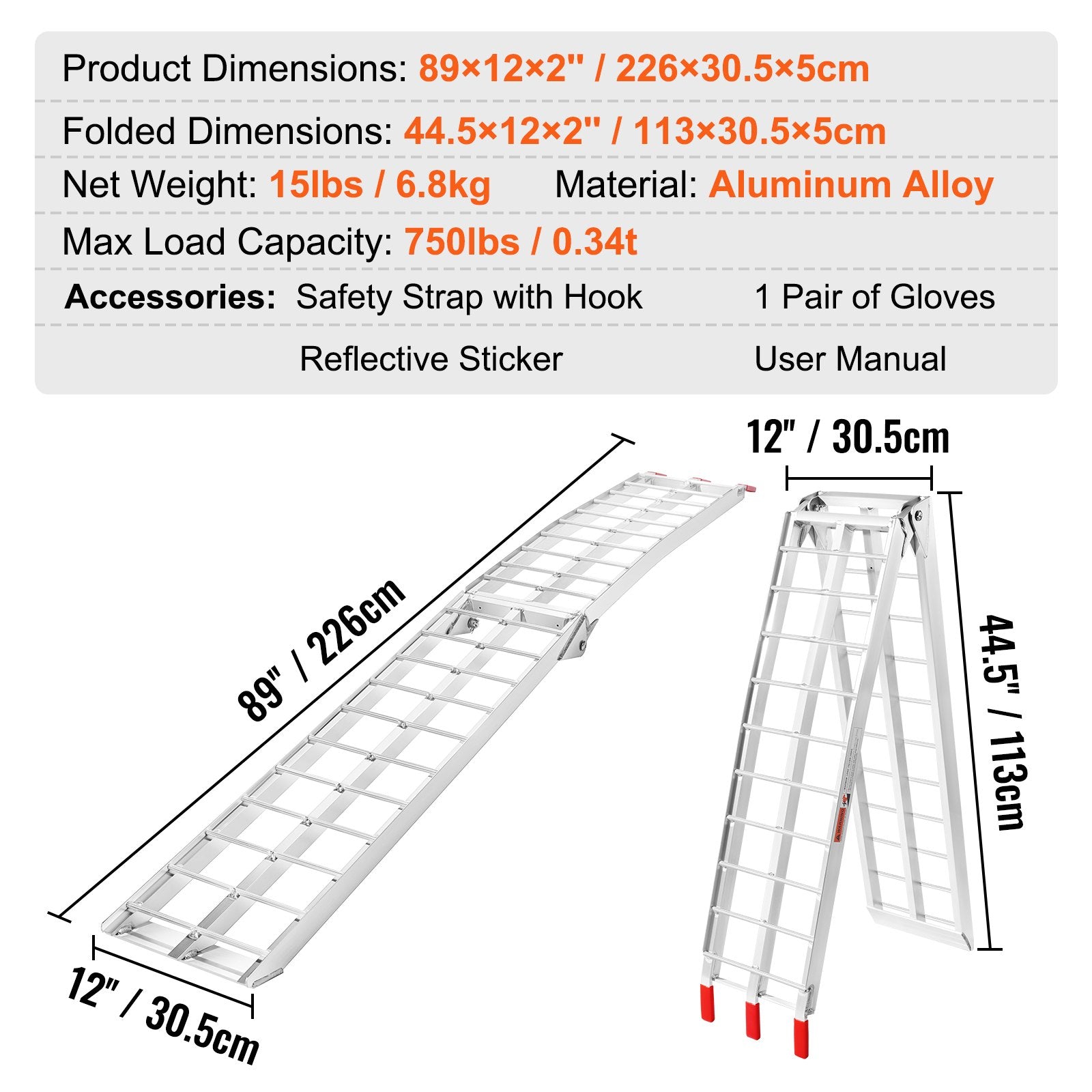 Motorcycle Ramps 340kg Folding Loading Ramp Straps Truck Trailer 2260x305mm