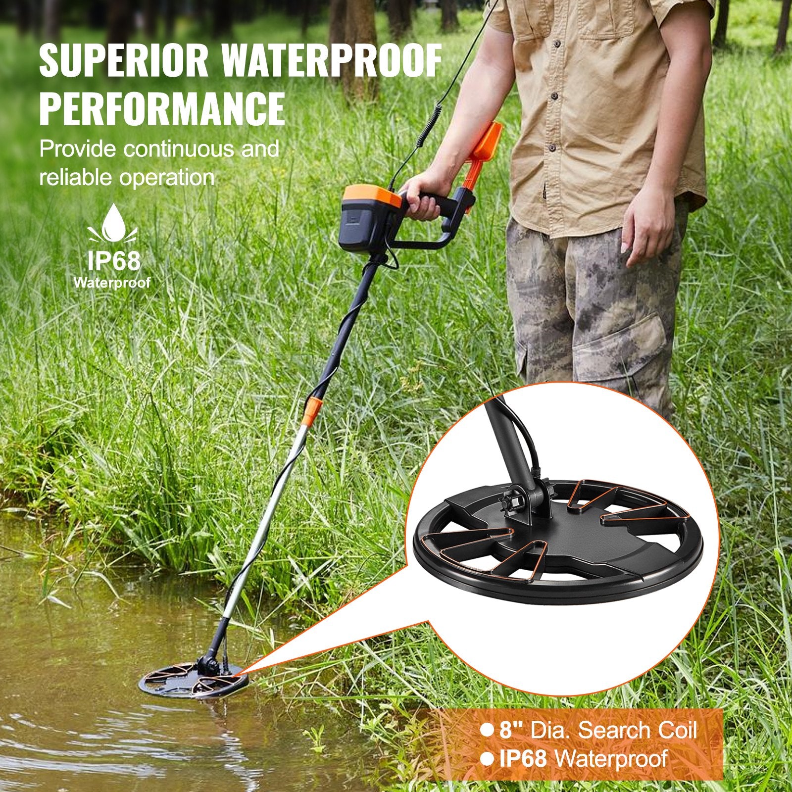 Metal Detector 200mm Professional Gold Detector IP68 Waterproof LCD Display