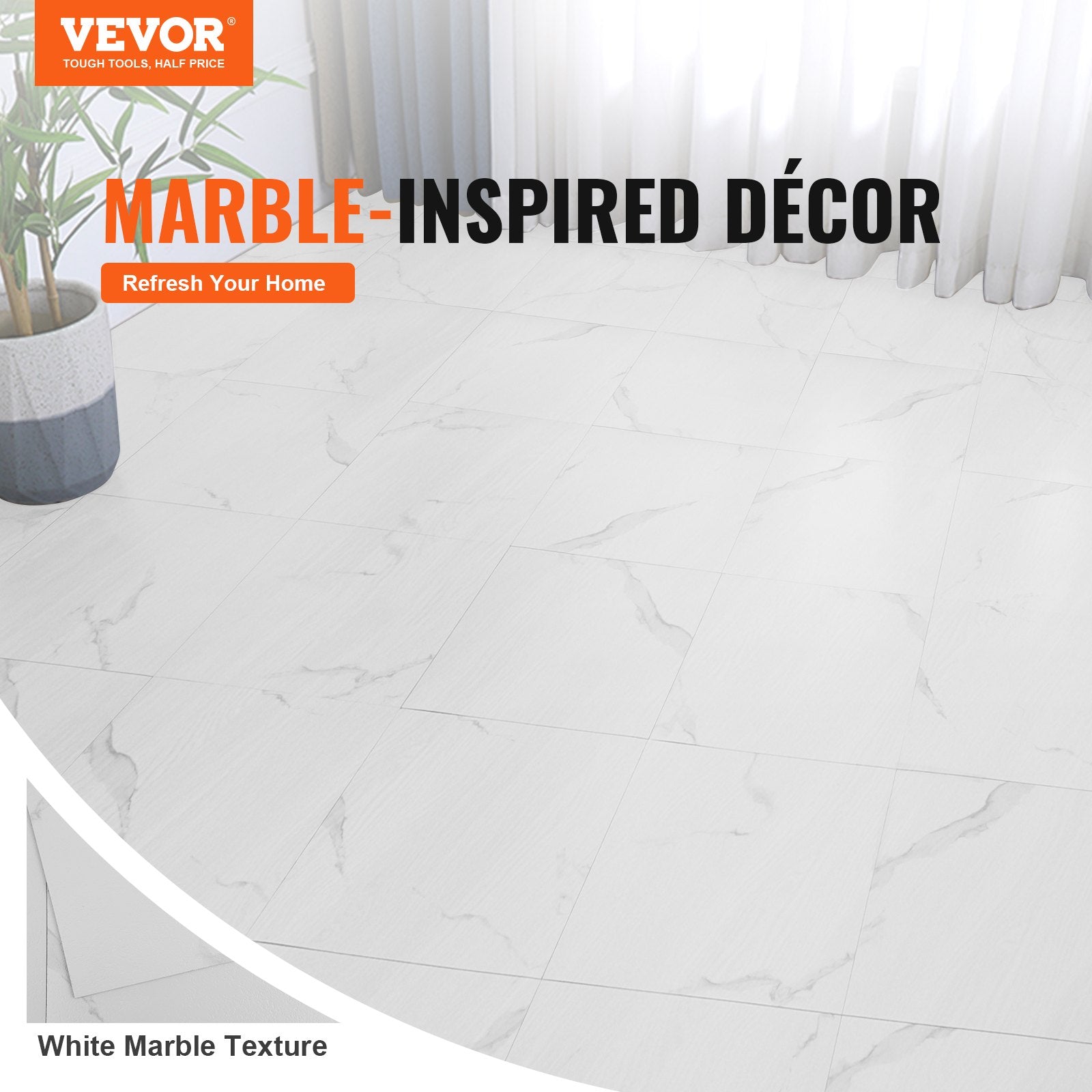 Self-Adhesive Vinyl Floor Tiles 12x12in 50PCS 1.5mm Peel & Stick White Marble