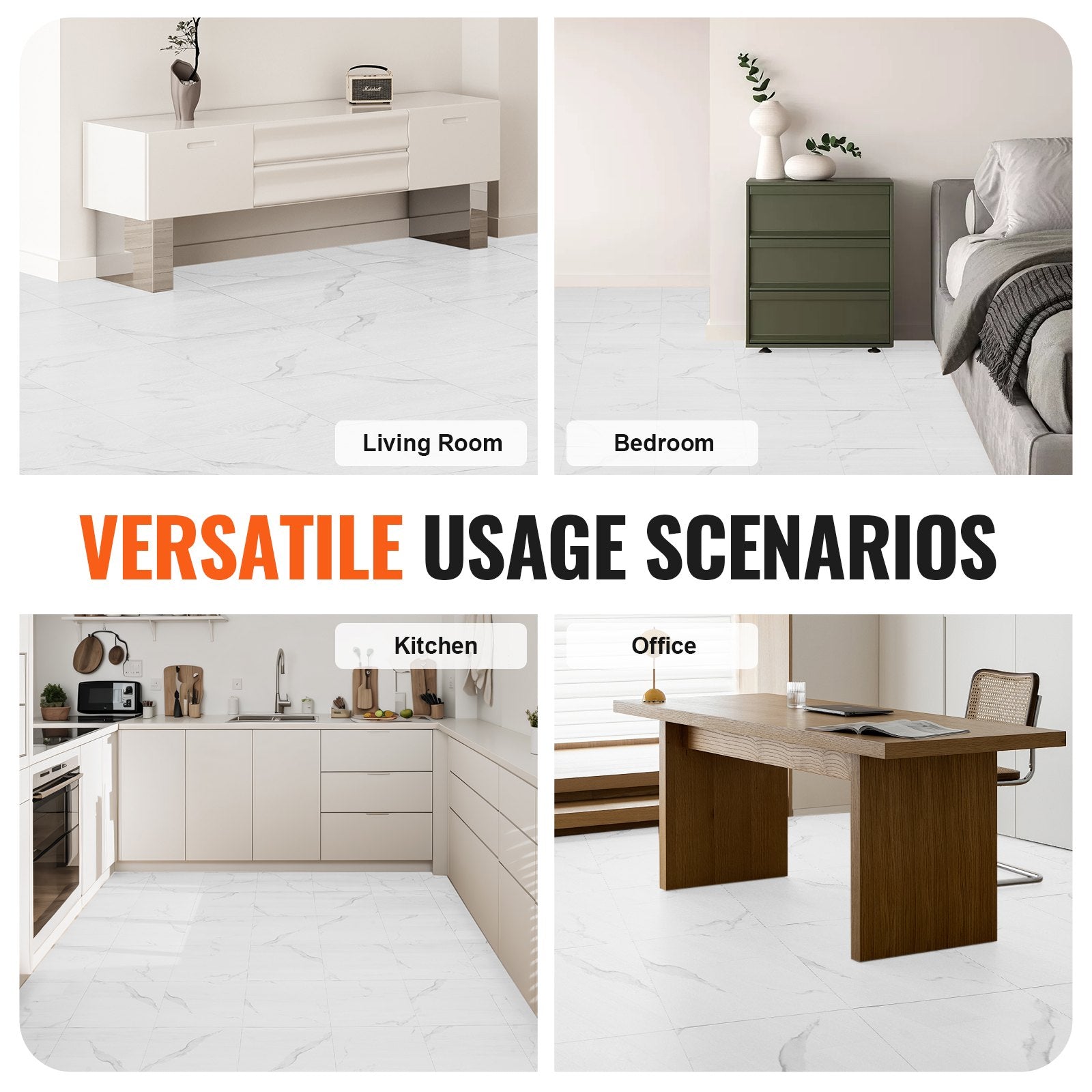 Self-Adhesive Vinyl Floor Tiles 12x12in 50PCS 1.5mm Peel & Stick White Marble