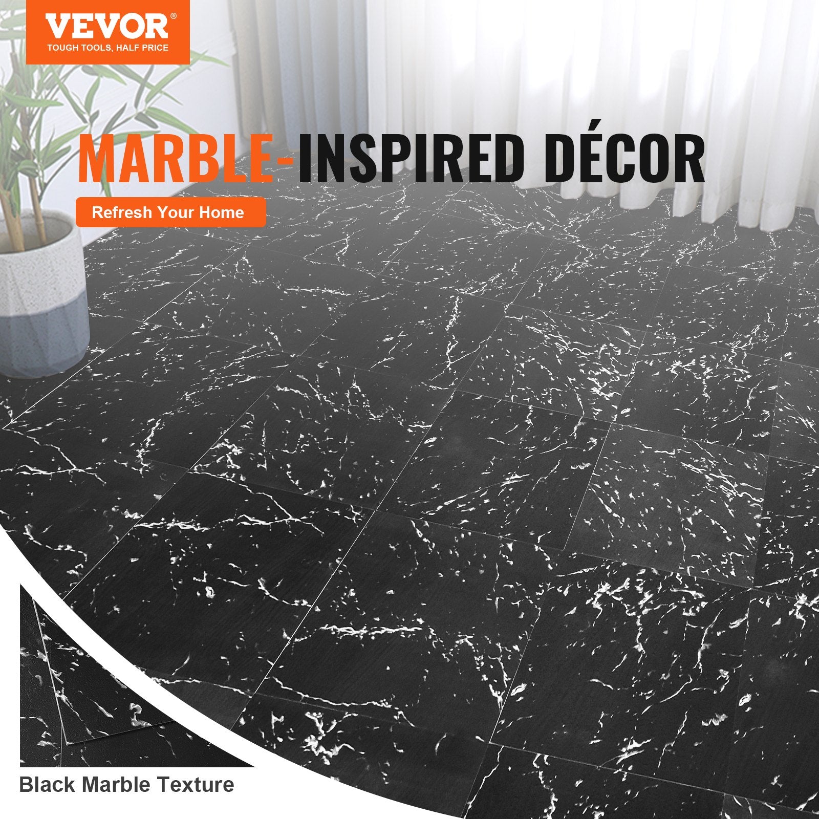 Self-Adhesive Vinyl Floor Tiles 12x12in 50PCS 1.5mm Peel & Stick Black Marble
