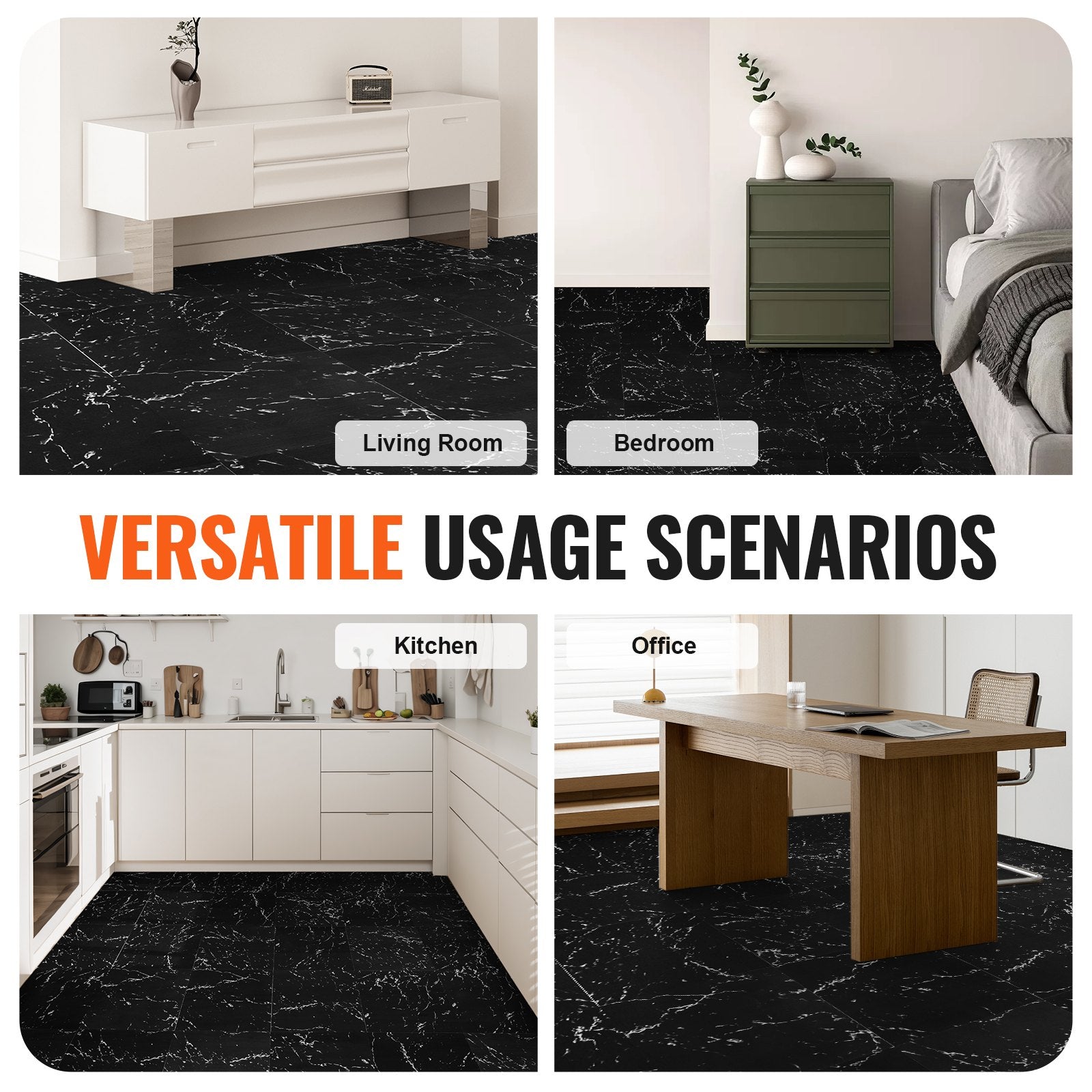 Self-Adhesive Vinyl Floor Tiles 12x12in 50PCS 1.5mm Peel & Stick Black Marble