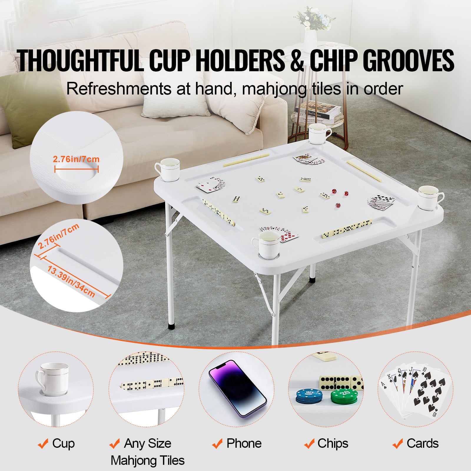 Portable 4 Player Folding Mahjong 90cm Game Table with Cup Holders Domino Set
