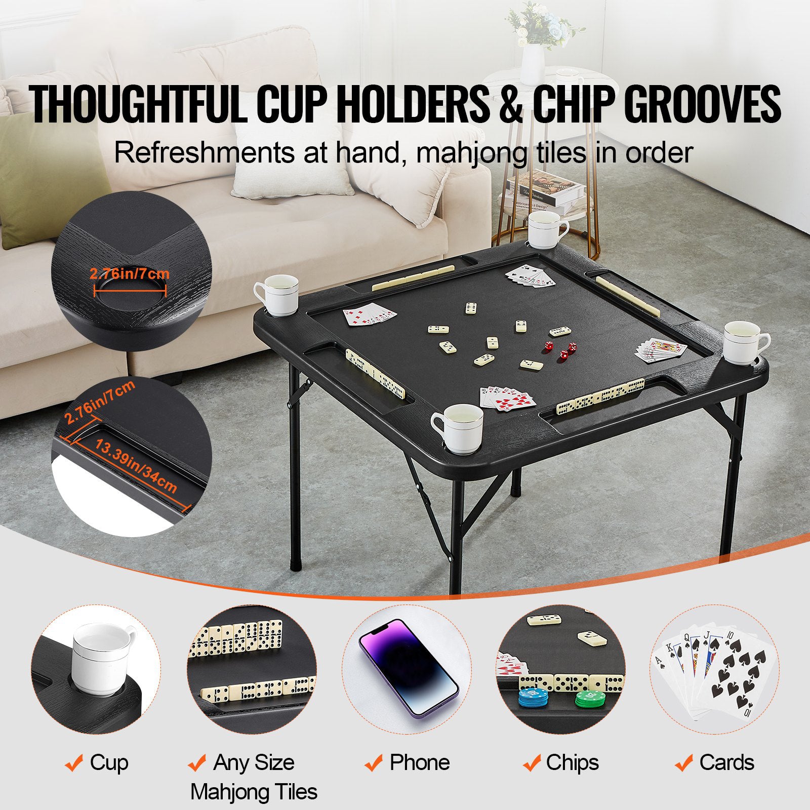 Portable 4 Player Folding Mahjong Game Table with Cup Holders Chip Trays Black