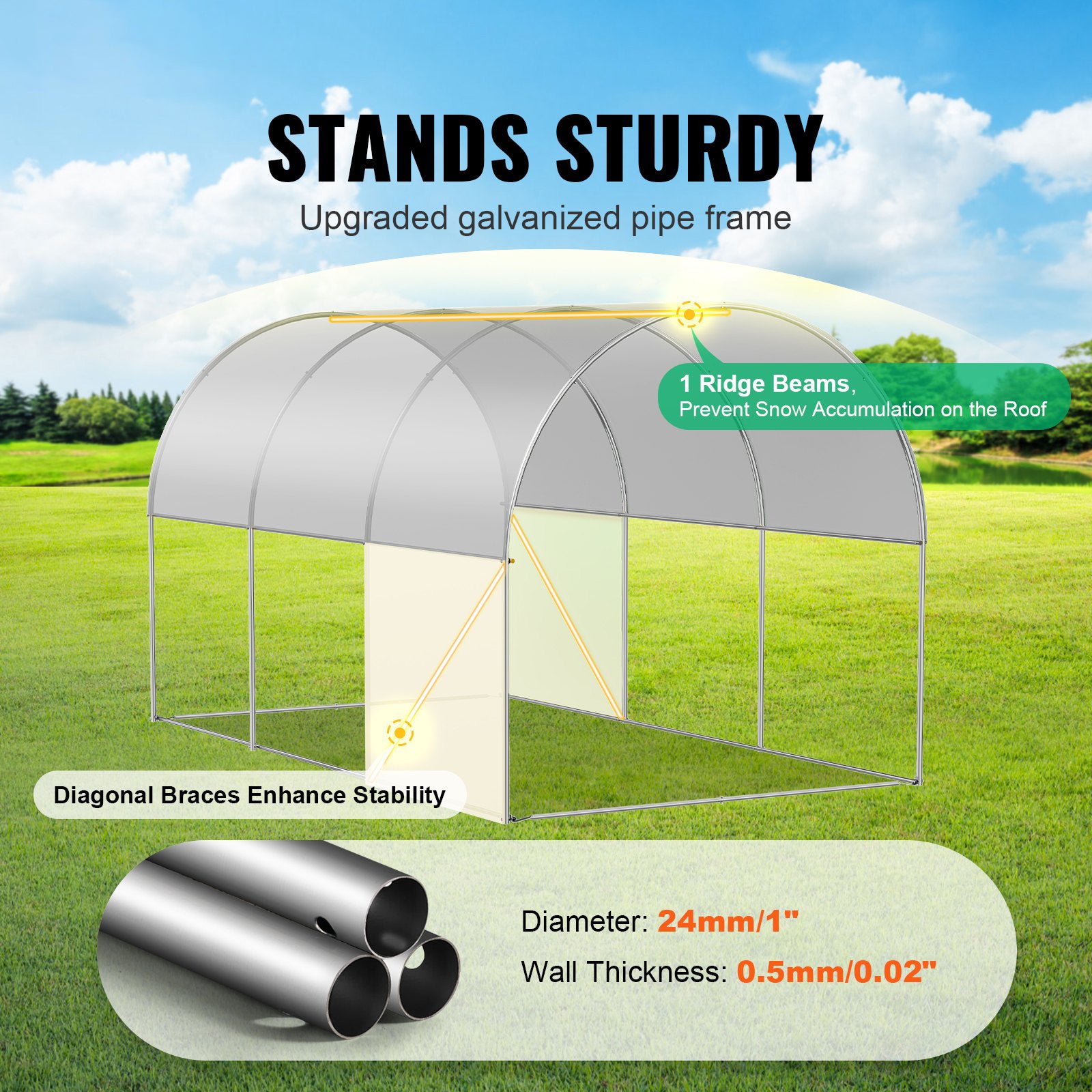 Walk-in Tunnel Greenhouse 9.6x6.4x6.2 ft, White PE Cover, 6 Windows