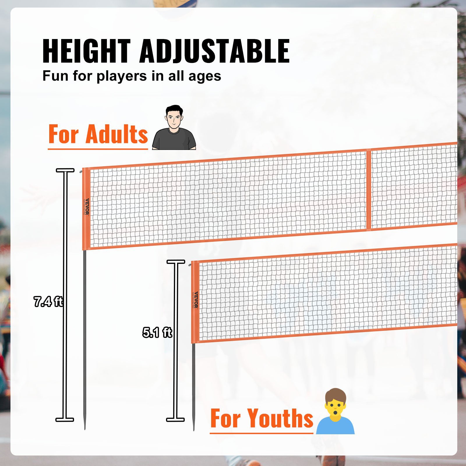 4-Way Volleyball Net Adjustable Height Portable Outdoor Net with Carry Bag
