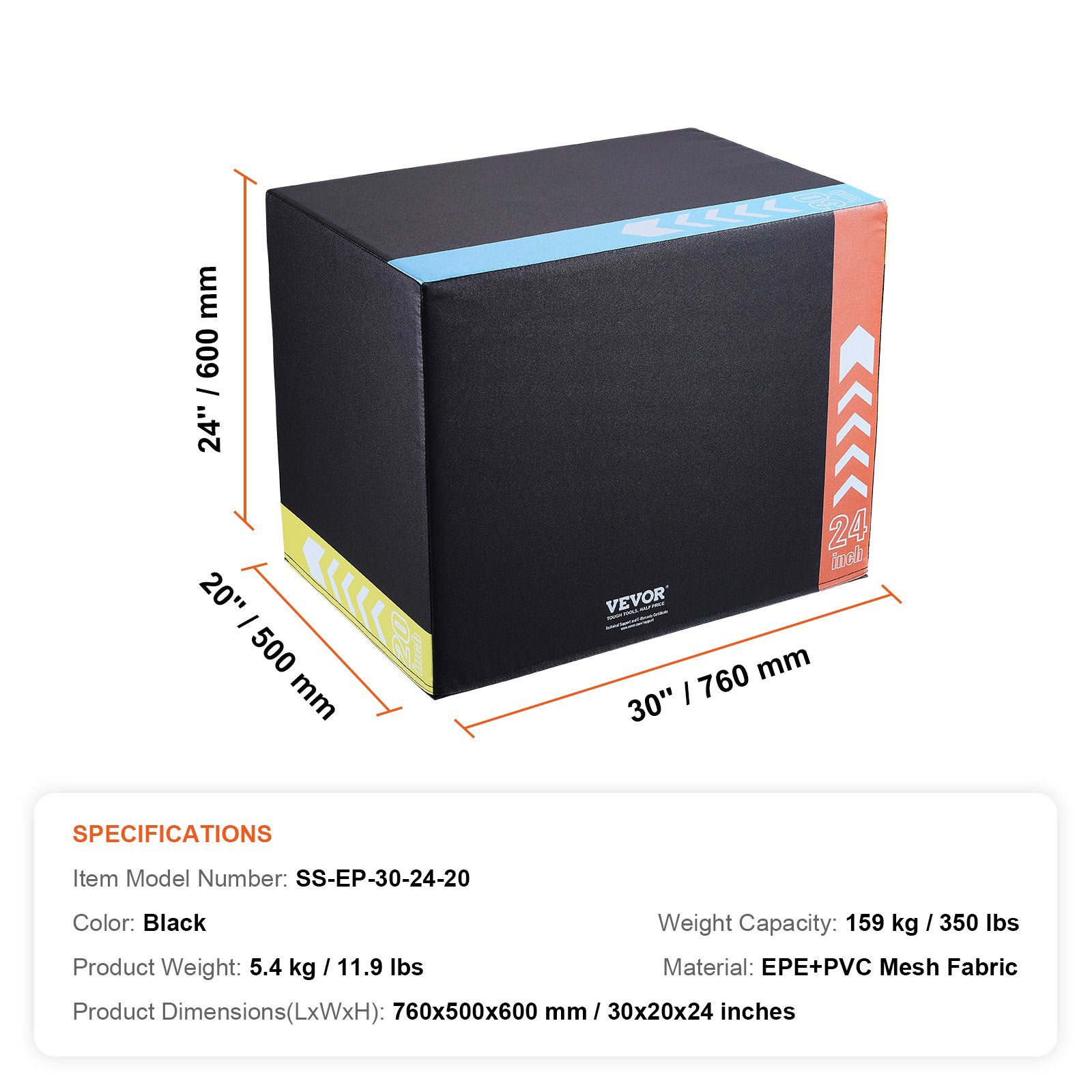 3-in-1 Plyometric Jump Box 30/24/20in Foam Anti-Slip Fitness Step Box Black