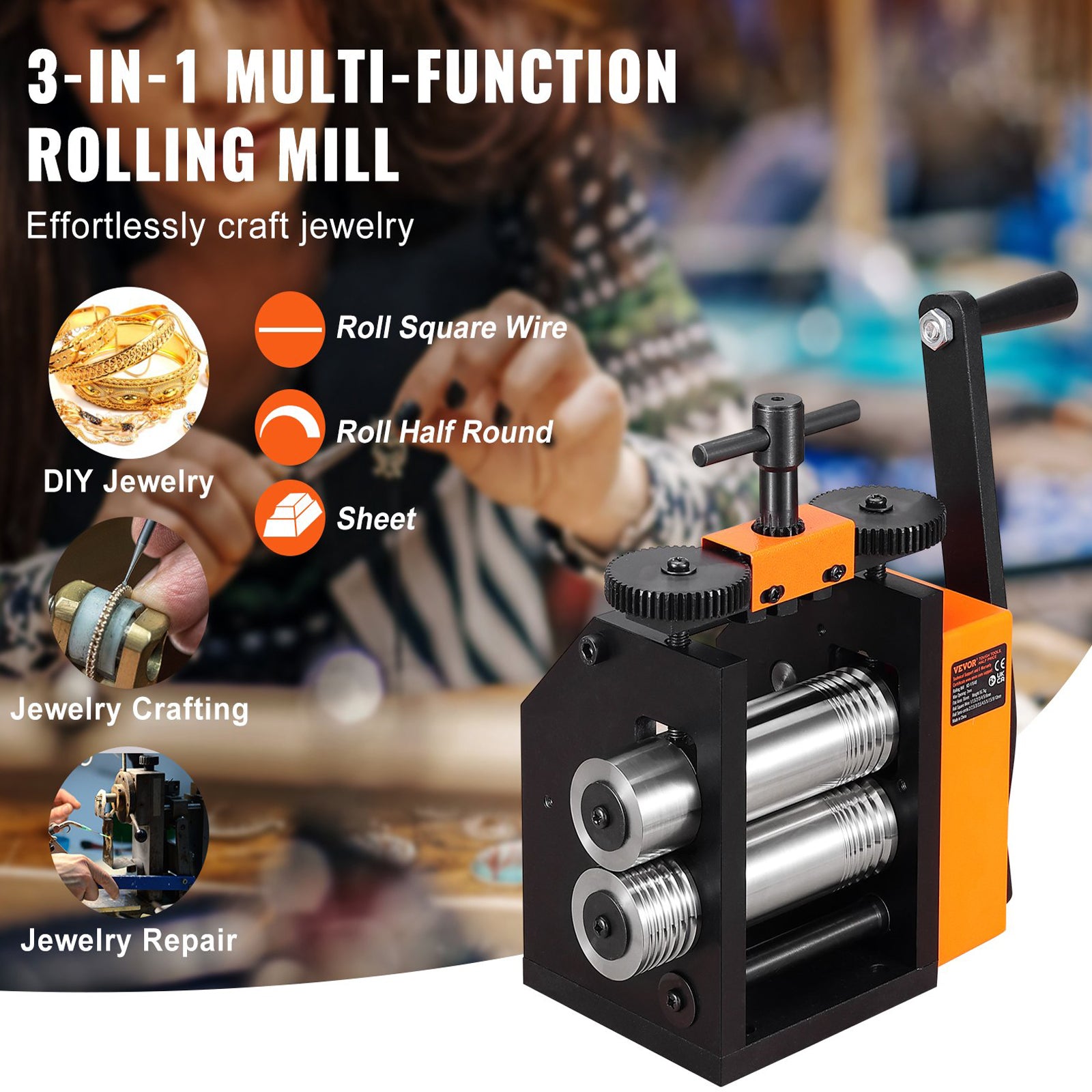 Rolling Mill 3in 76mm Jewelry Machine 1:2 Gear 3-in-1 0.1-7mm Sheet Wire Pattern