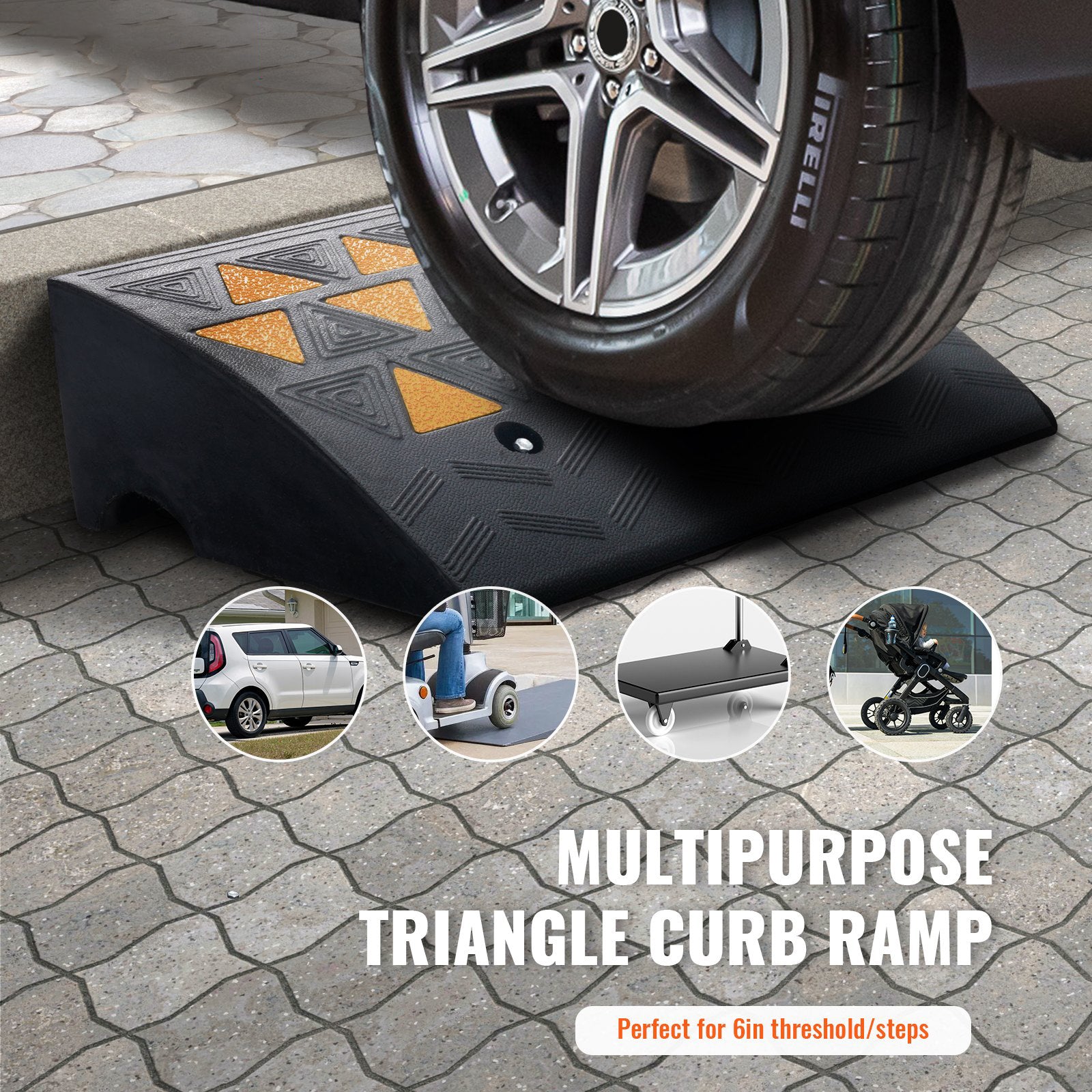 Rubber Curb Ramp 15.2cm Rise 37x49.1cm Heavy-Duty 15T Driveway Ramp for Vehicles
