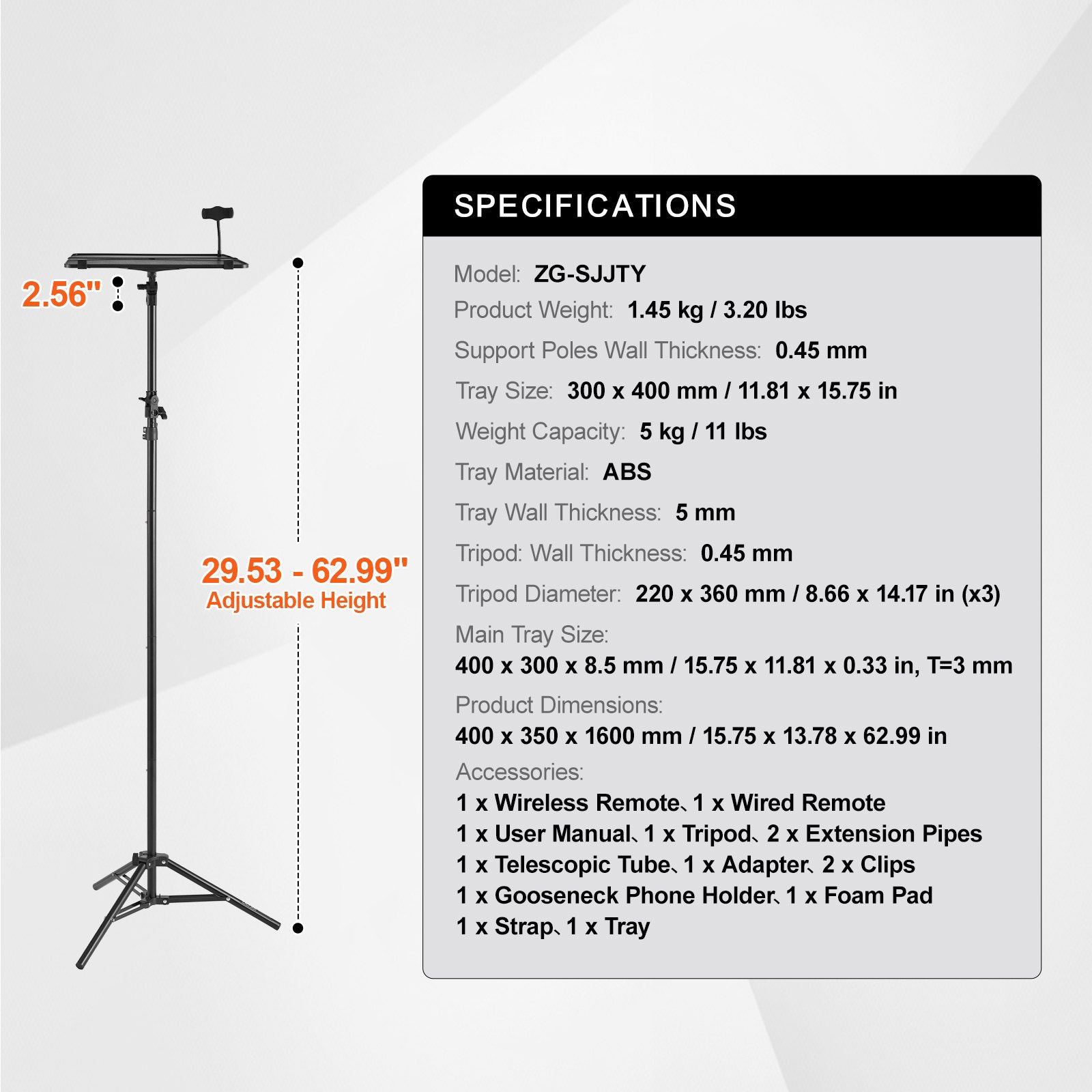 Adjustable Projector Laptop Tripod Stand with Tray Phone Holder 11lb Capacity