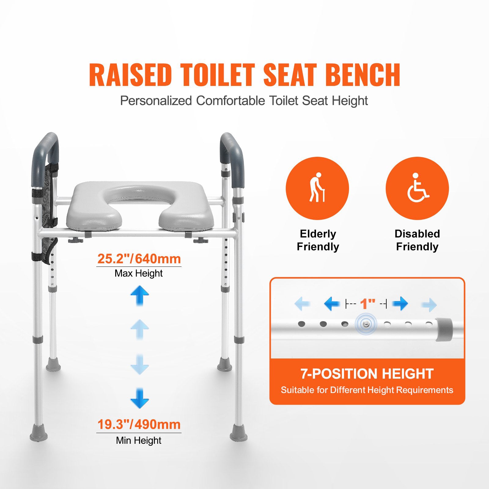 Raised Toilet Seat 7-Position 655-805mm Padded Aluminum Frame 158.7kg Capacity