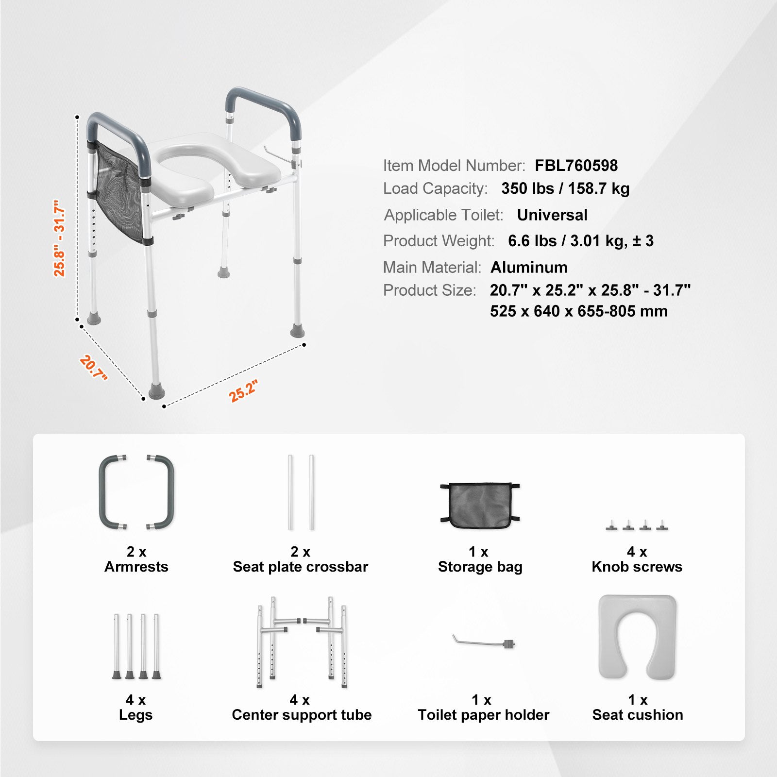 Raised Toilet Seat 7-Position 655-805mm Padded Aluminum Frame 158.7kg Capacity