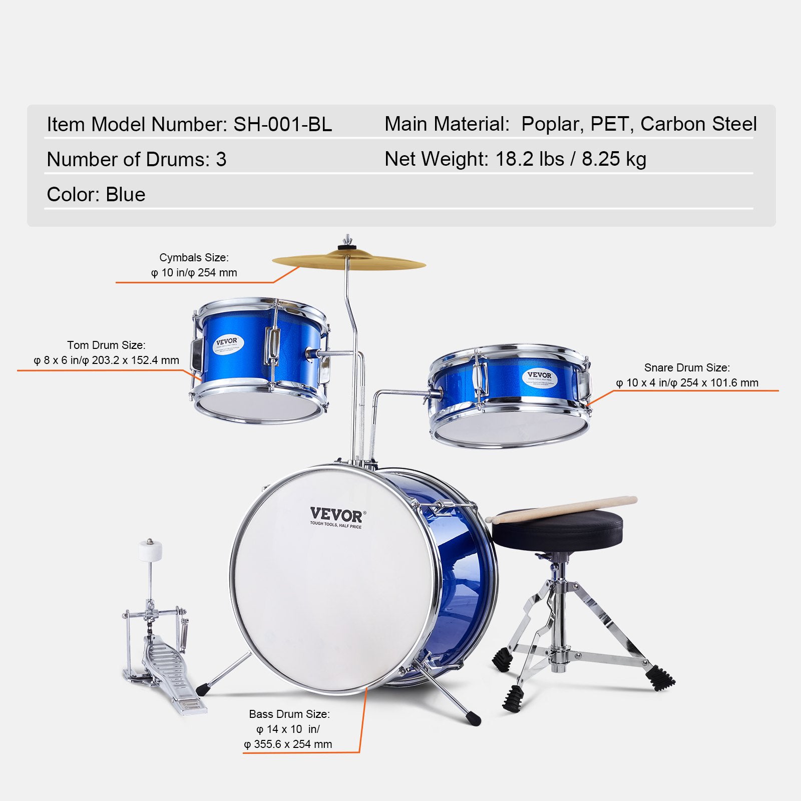 Kids Drum Set 3-Piece 355.6mm Beginner Kit Throne Cymbal Pedal Drumsticks