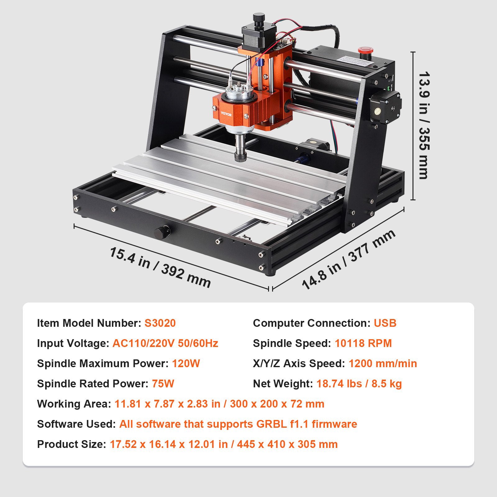 CNC Router Machine 120W 3 Axis GRBL 300x200x72mm Wood Acrylic MDF PVC Plastic
