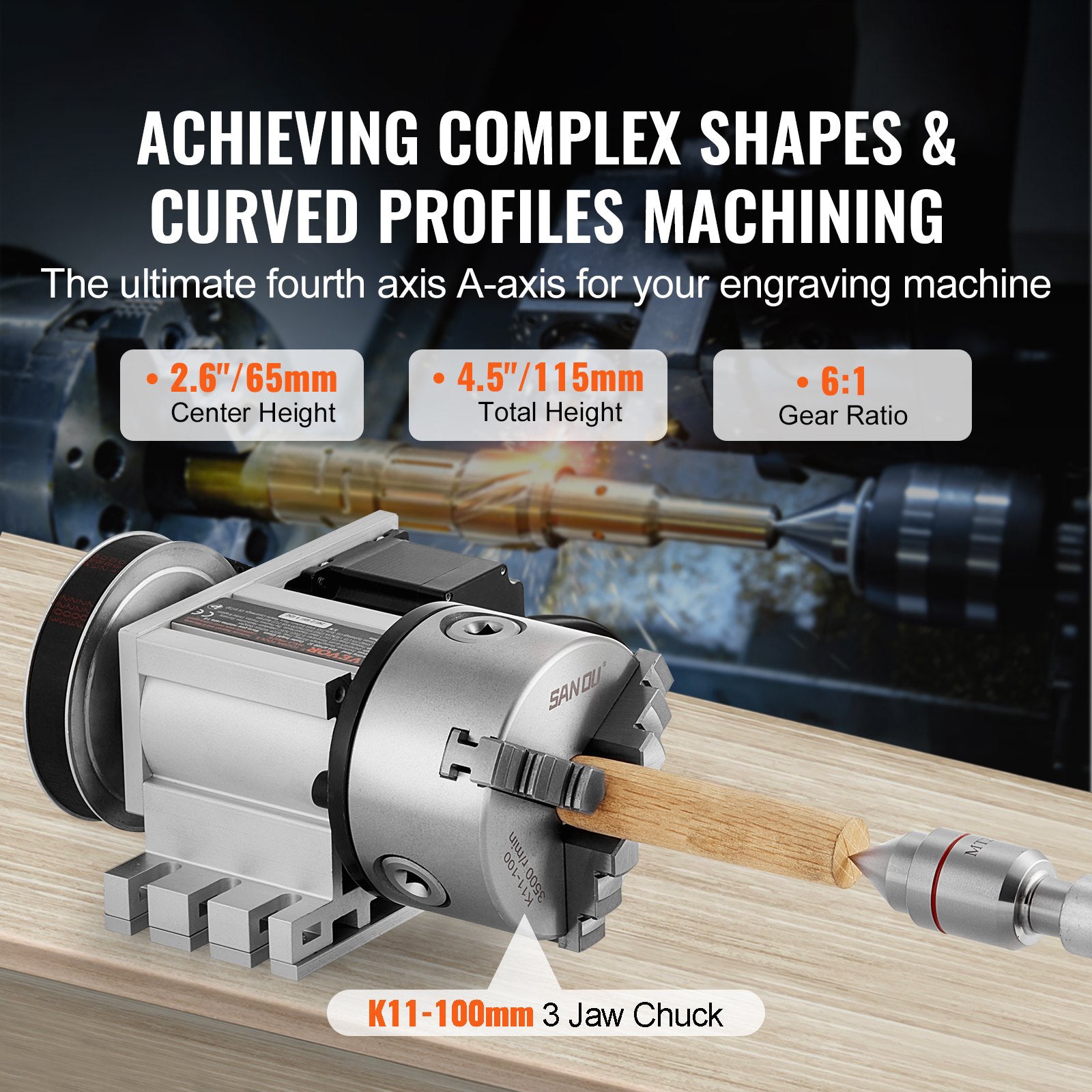 CNC Dividing Head 4th Axis Rotary Table K11 100mm Chuck MT2 65mm Center Height