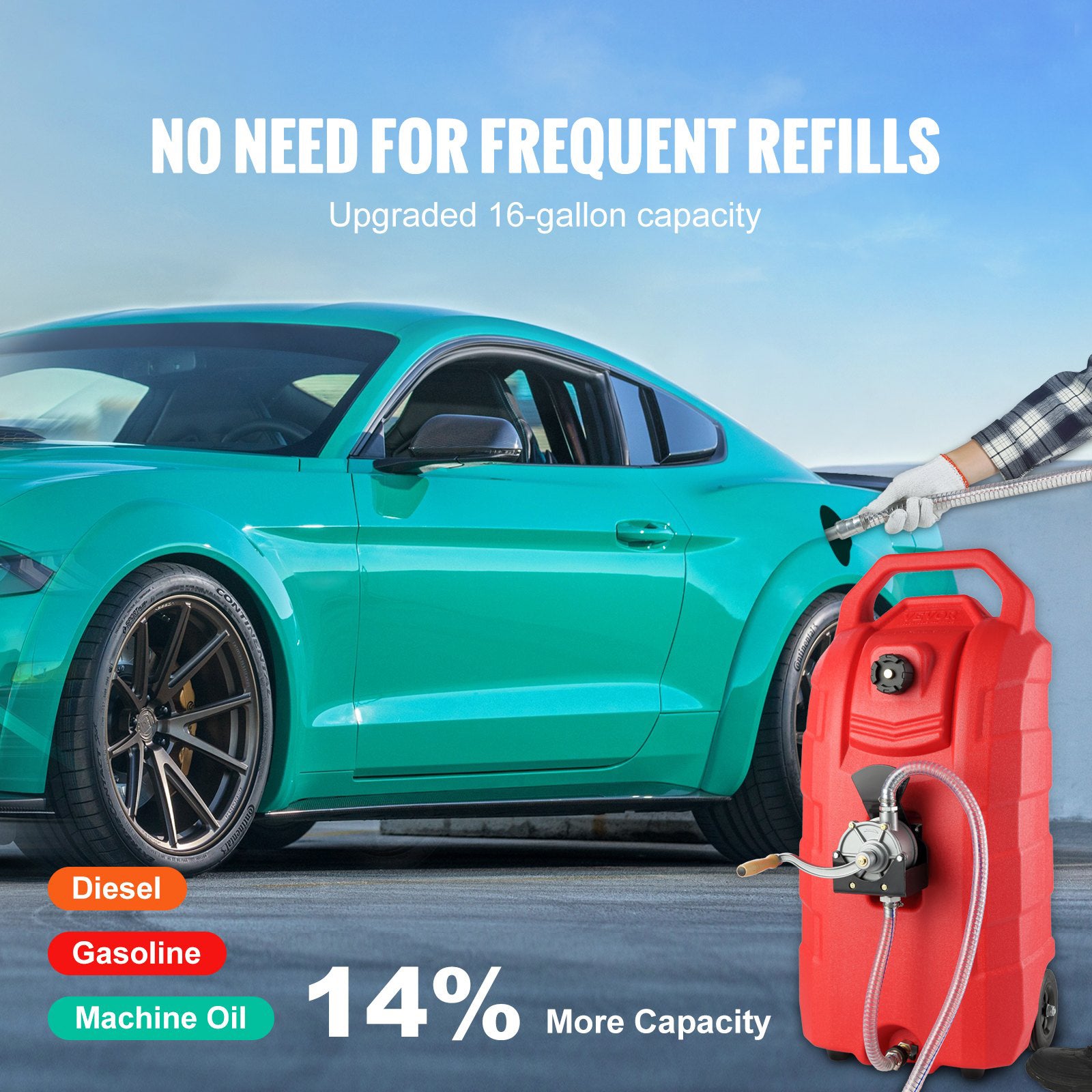 Fuel Caddy Portable Gas Storage Tank Hand Pump Rubber Wheels 60.57L 7.8L/min