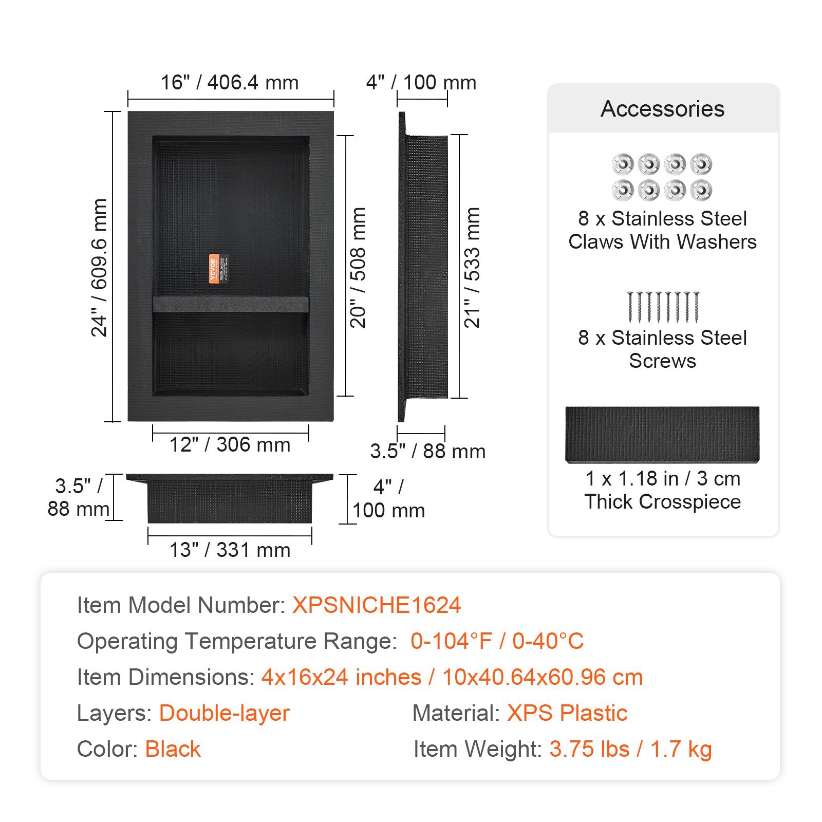 Shower Niche 40.64x60.96cm Double Shelf Wall-Inserted Recessed Storage Black