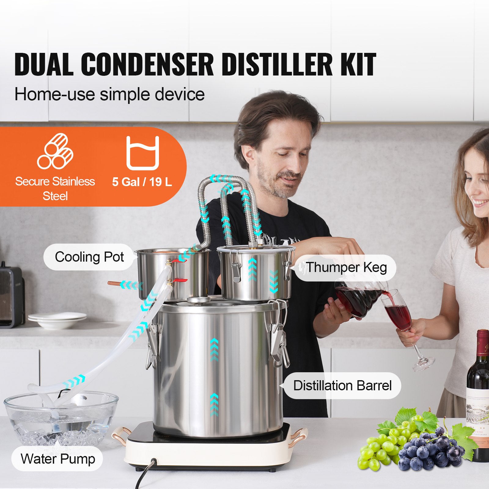 Alcohol Still 5Gal/19L Stainless Steel Distiller Copper Coil Dual Condenser